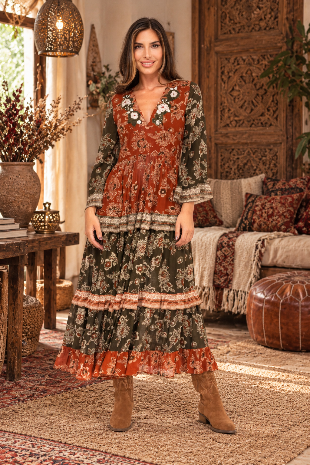 Abito boho ricamato donna con maniche lunghe