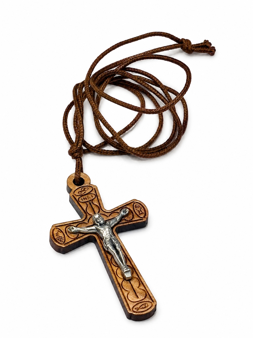 Croce legno d'ulivo con laccetto marrone