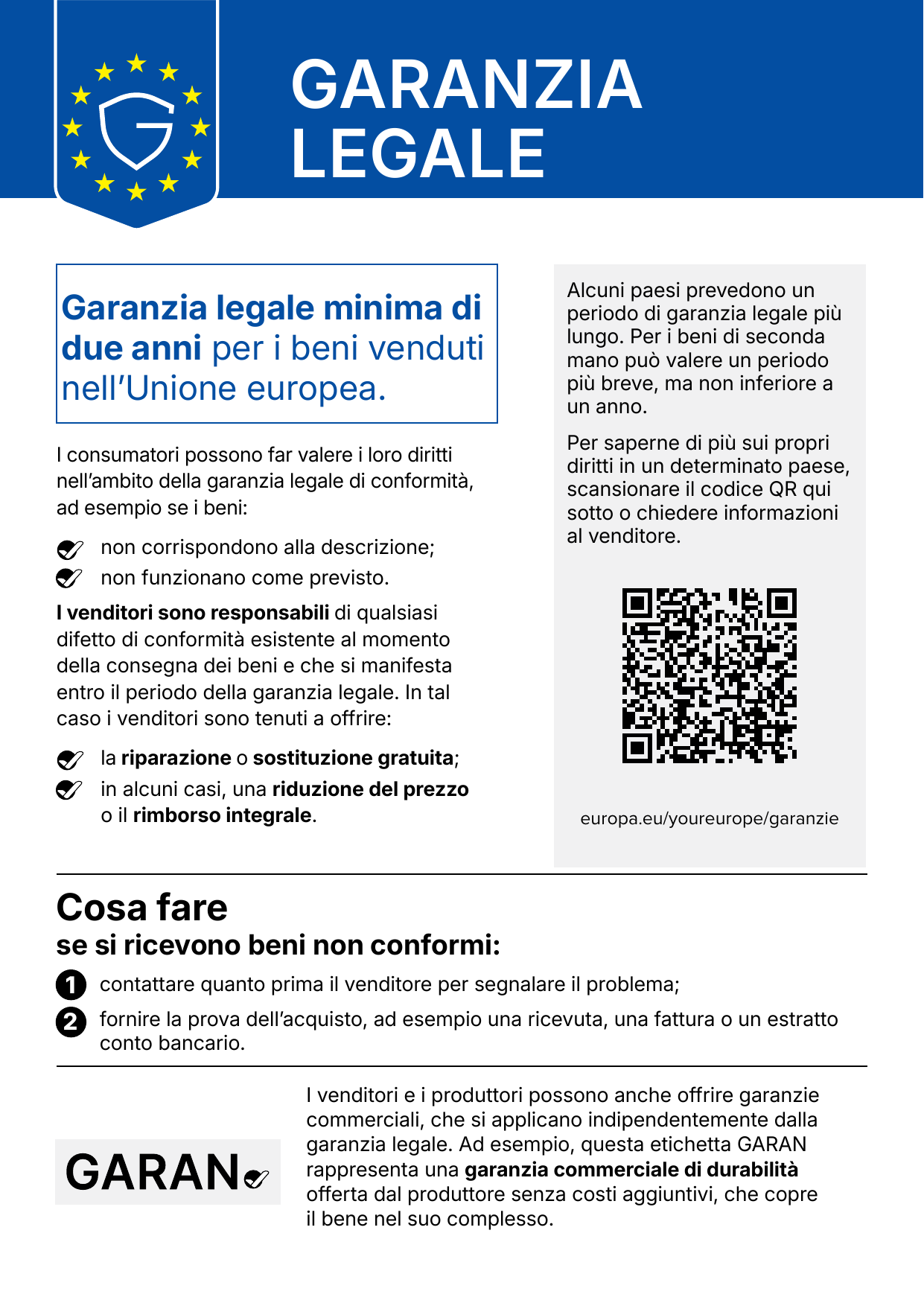 Avviso ufficiale sulla garanzia legale di conformità