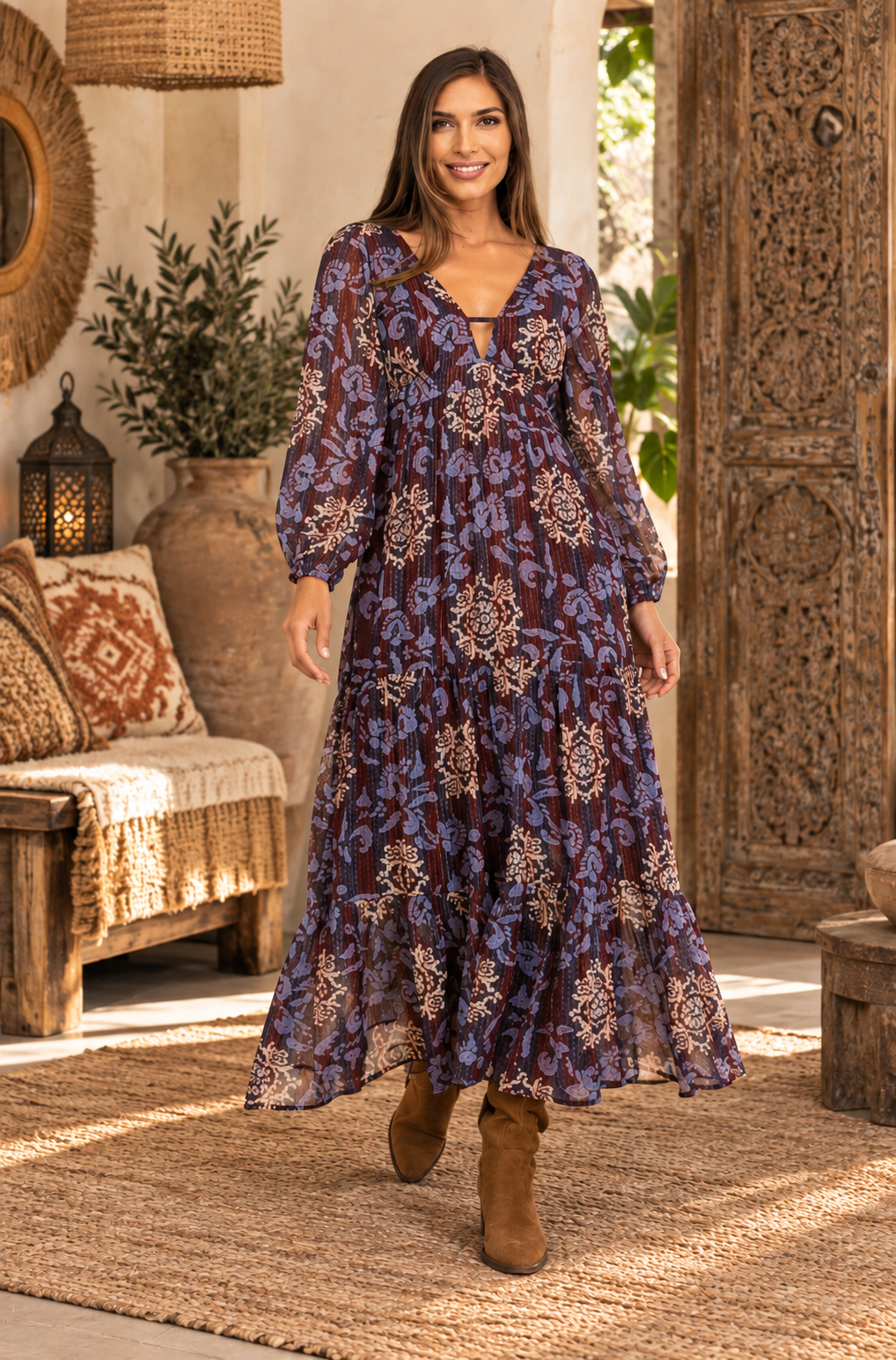 Vestito bohémien lungo da donna con stampa colorata