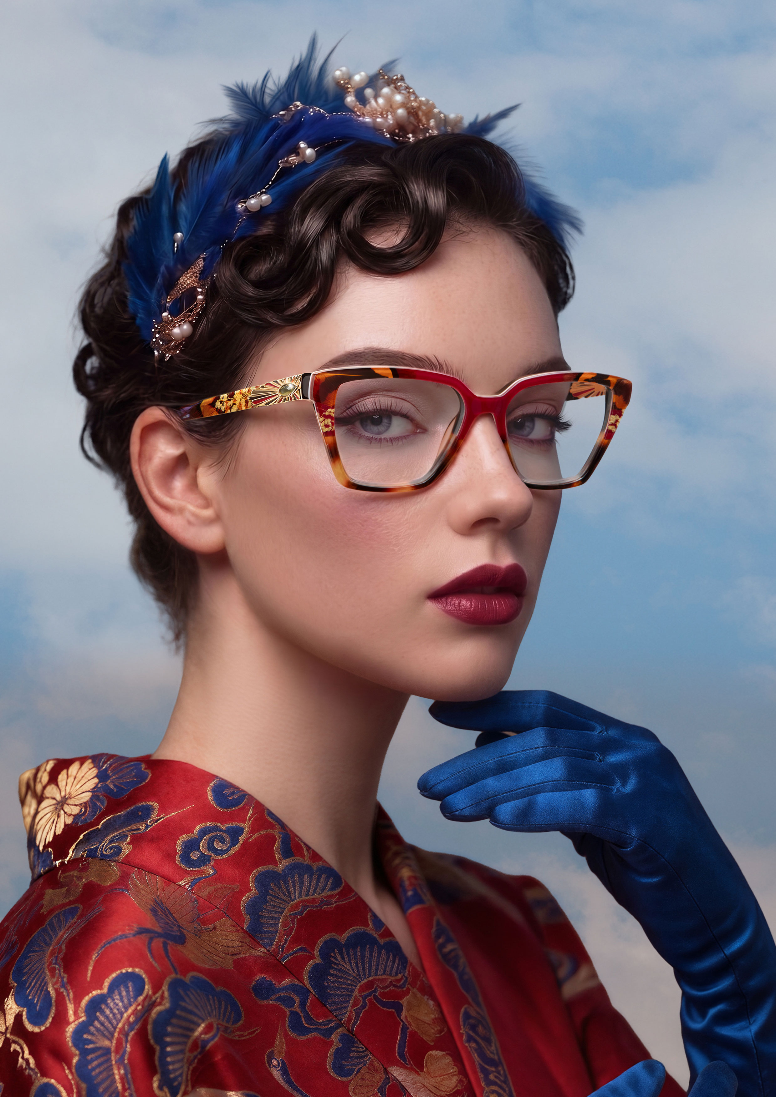 Stylish woman in glasses, lovely blue and yellow dress, trendy look.