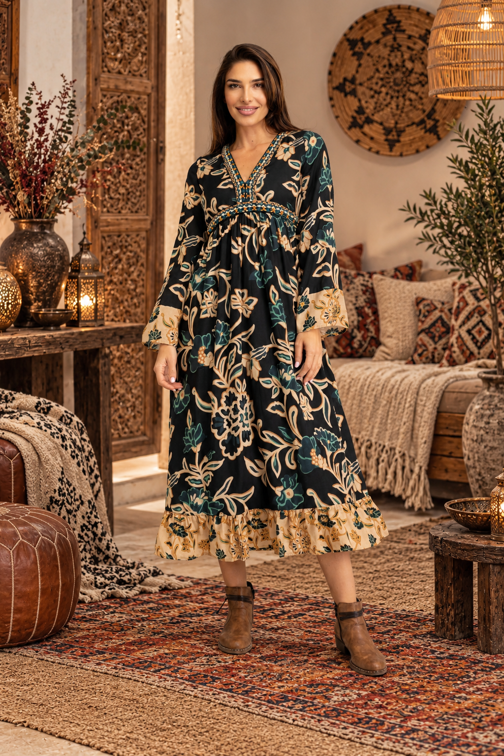 Abito lungo boho elegante in viscosa con fantasia floreale