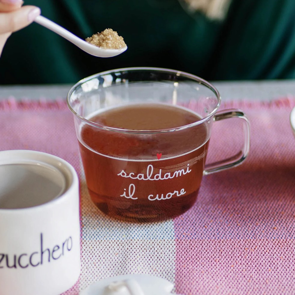 Set 2 tazze colazione in vetro Scaldami il cuore