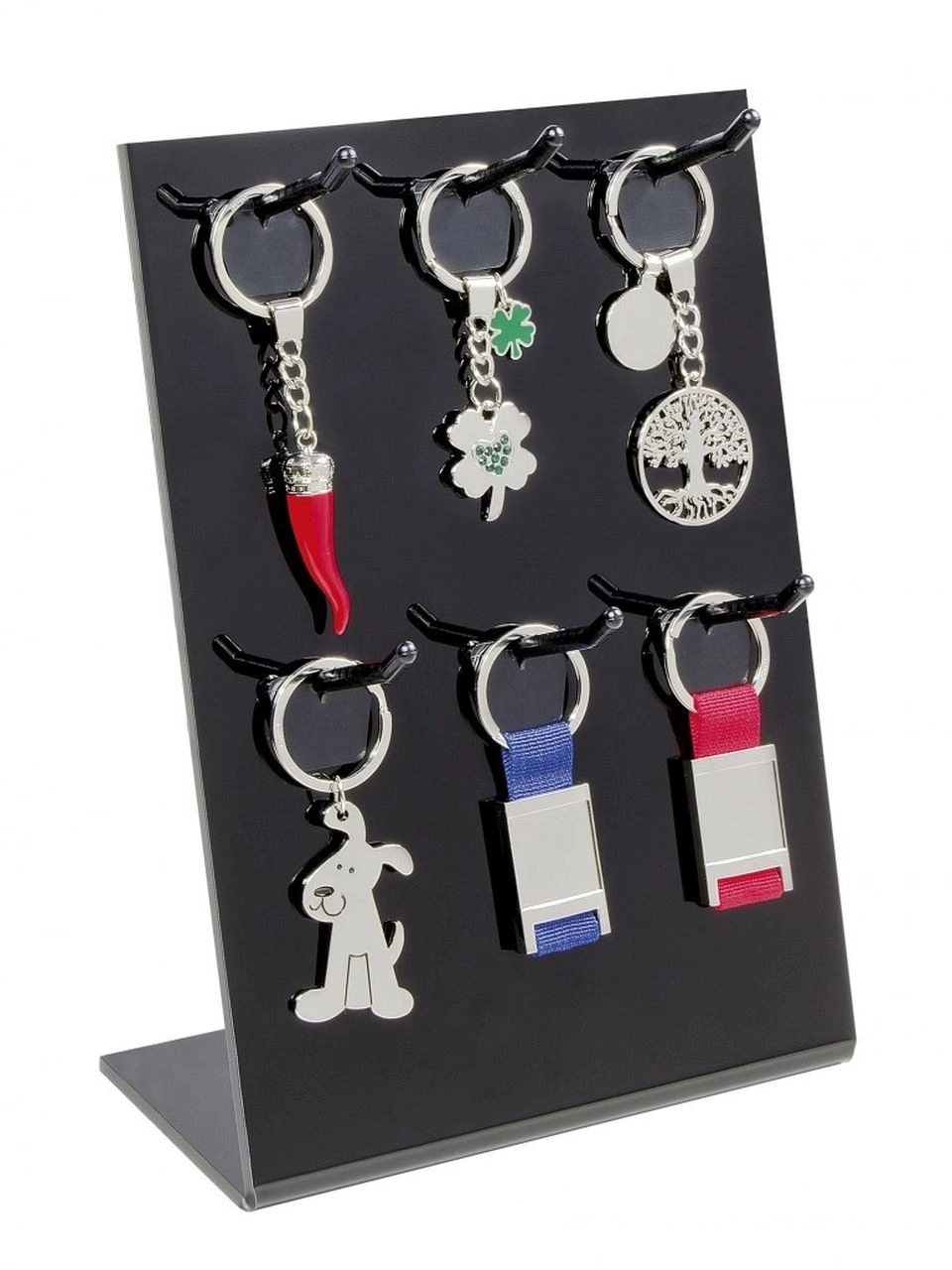 Espositore Portachiavi Girevole A 1 Strato - In Acciaio Inox, 8 Ganci, Altezza Regolabile 38-66 Cm, Argento