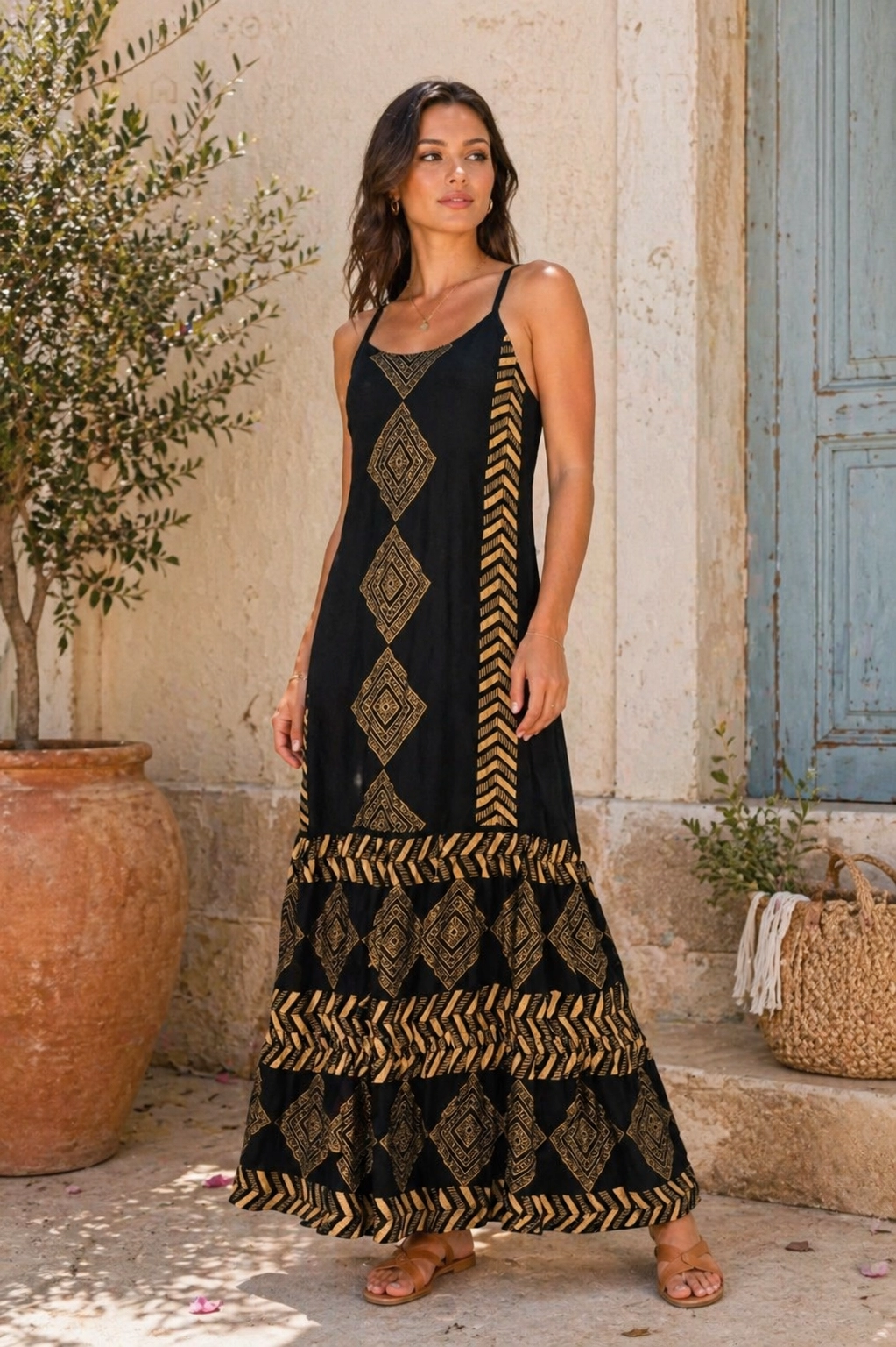 Abito Lungo etnico chic nero oro in rayon