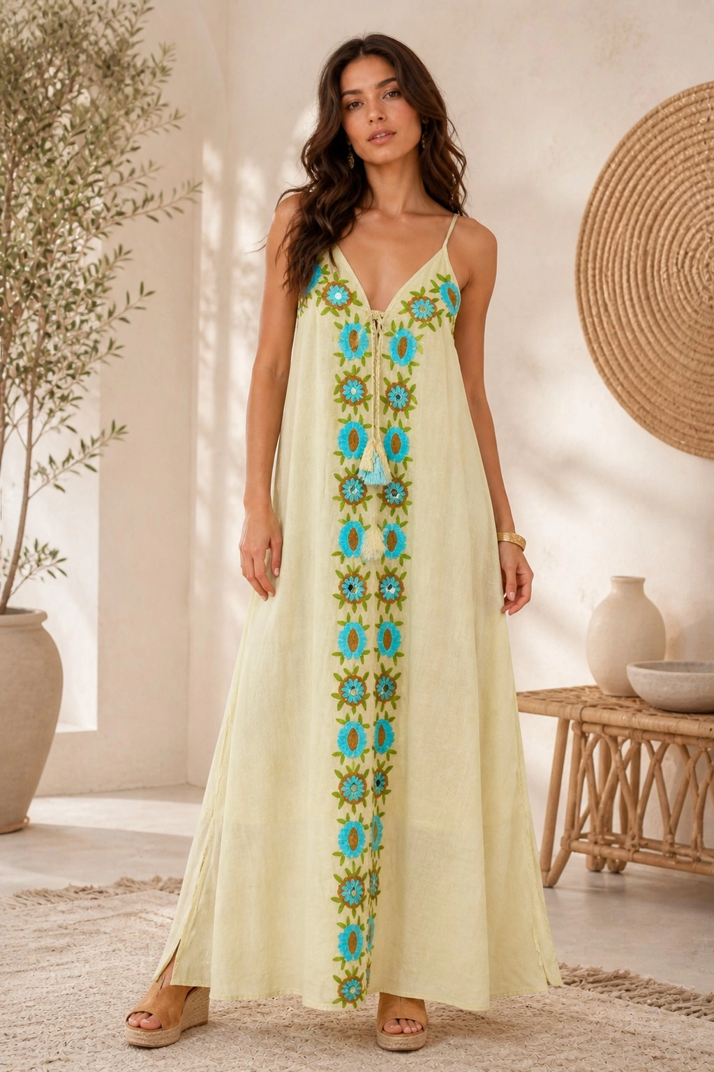 Embroidered Beige Maxi Dress