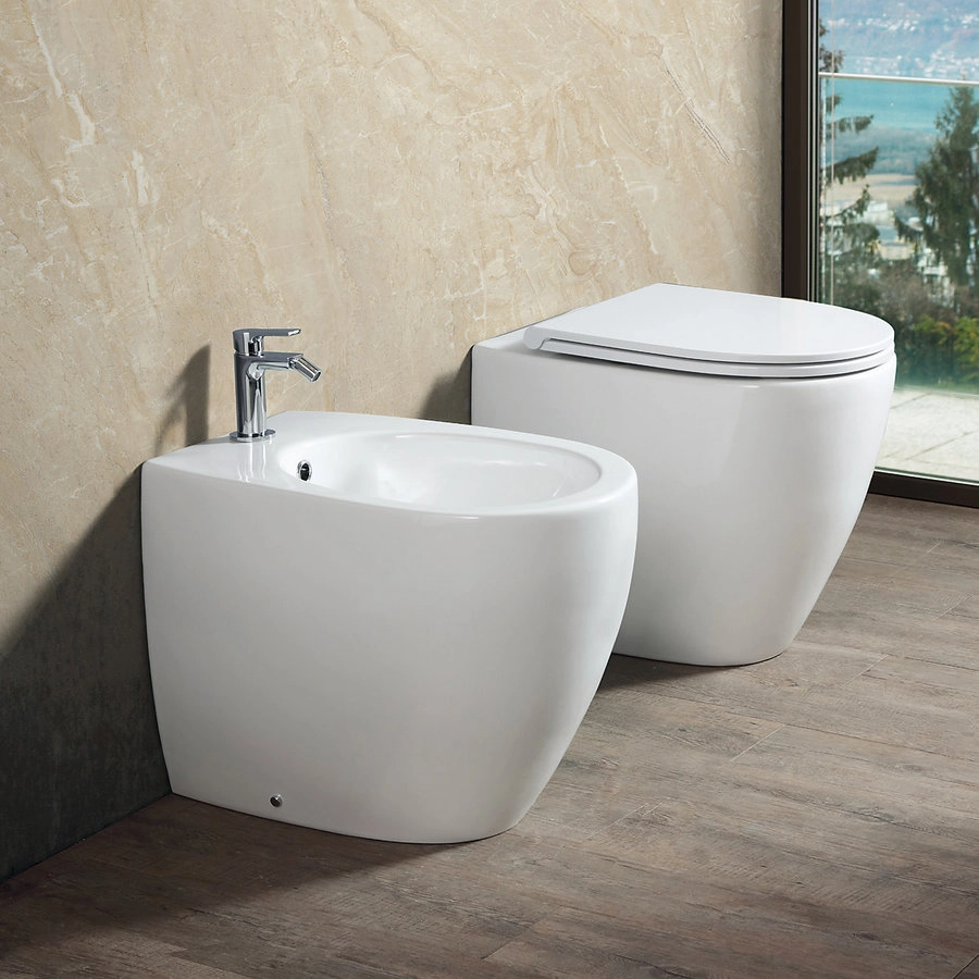 SET Sanitari Mood ONE a terra Wc Rimless con Sedile Slim e Bidet Bianco Lucido