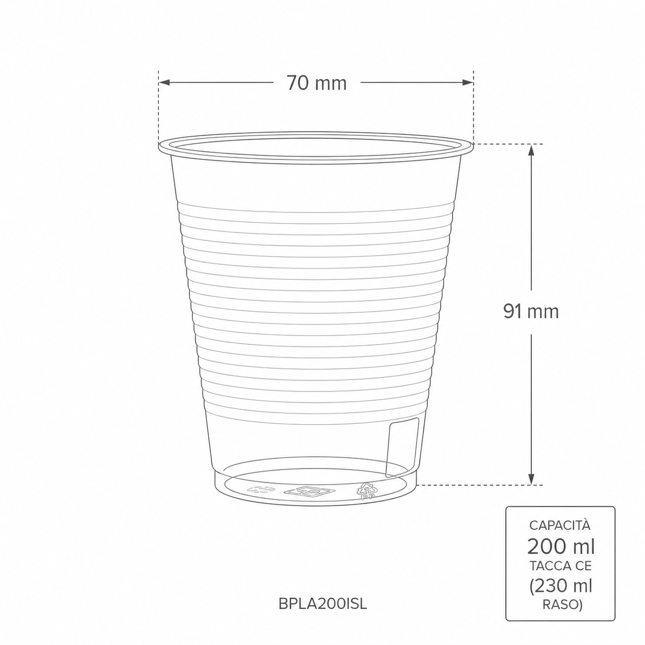 Bicchieri in PLA biodegradabili, tacca CE a 200ml (230ml raso) - SLIM D70  - View2