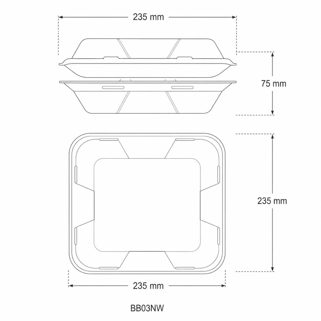 Contenitore asporto pasto con coperchio 3 scomparti - 23X23X7.5cm NO PFAS - View2