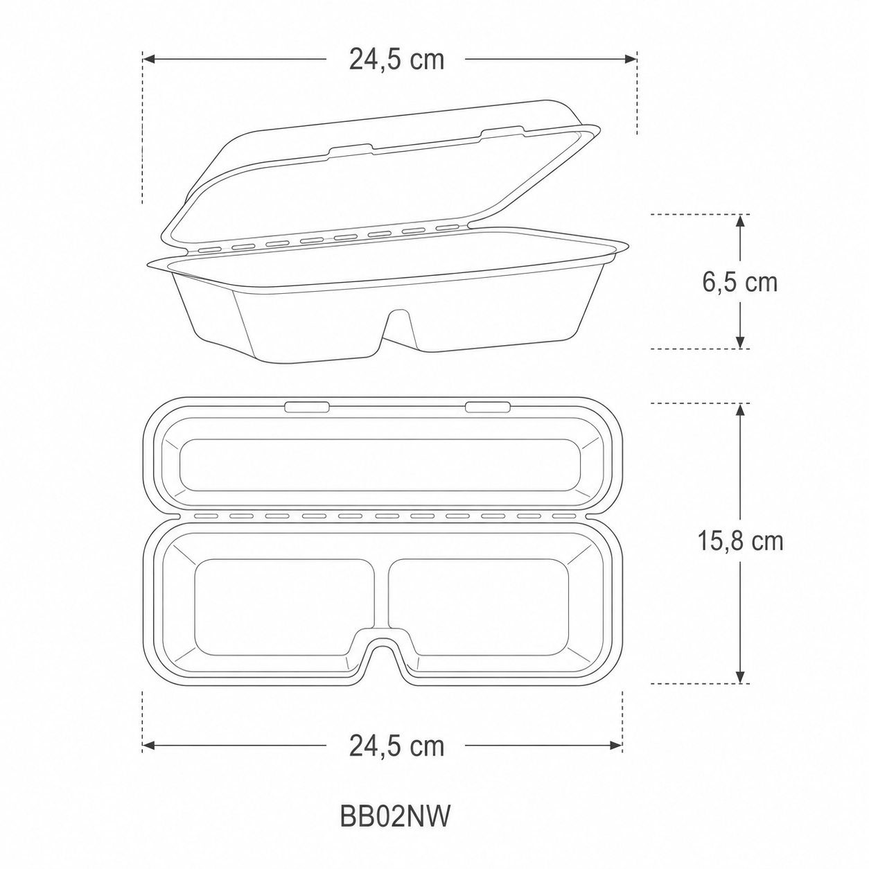 Contenitore asporto con coperchio biodegradabile 2 scomparti - 1000ml - 24,5x15,8x6 cm - NO PFAS - View2