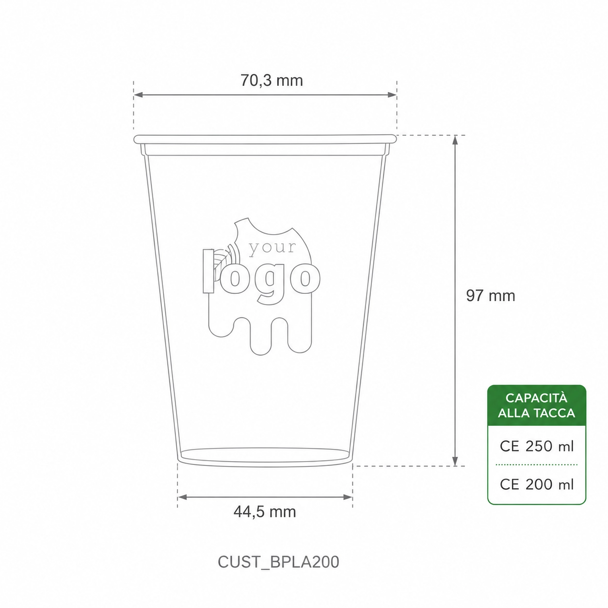 Bicchieri personalizzabili in PLA biodegradabili, tacca CE a 200ml (250ml raso) -D74  - View1