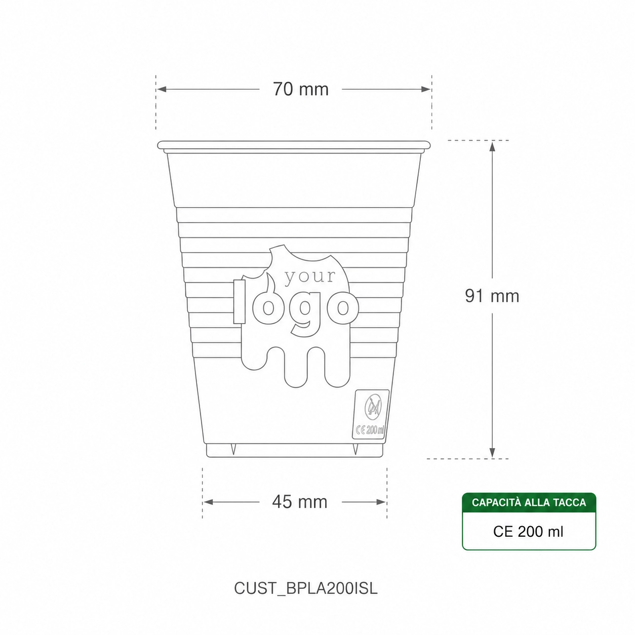 Bicchieri personalizzati in PLA biodegradabili, tacca CE a 200ml (230ml raso) - SLIM D70  - View1