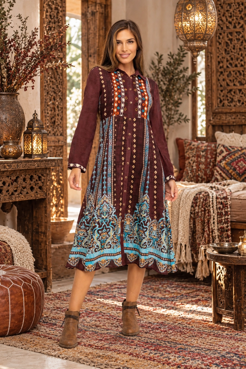 Long Open Bohemian Embroidered Dress