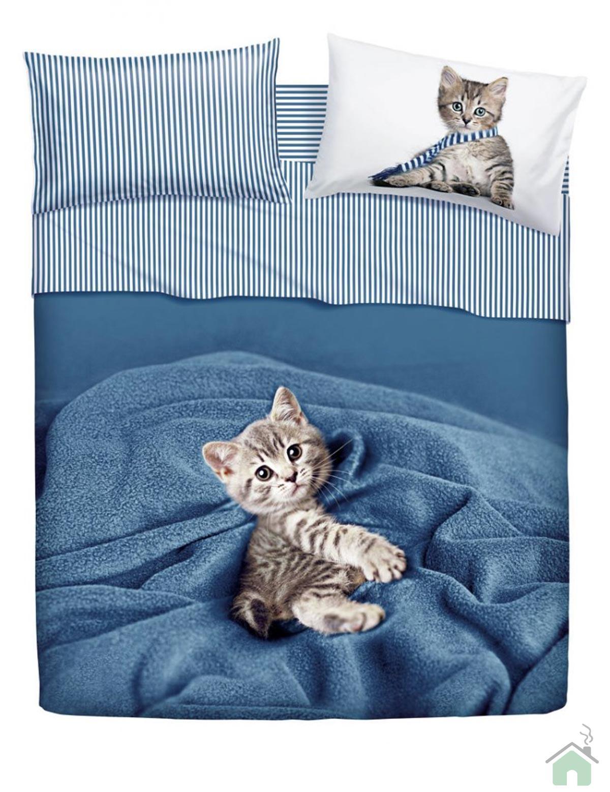 Set Copripiumino Singolo Con Gatti Carini - 135x200 Cm + 2 Federe 50x75 Cm