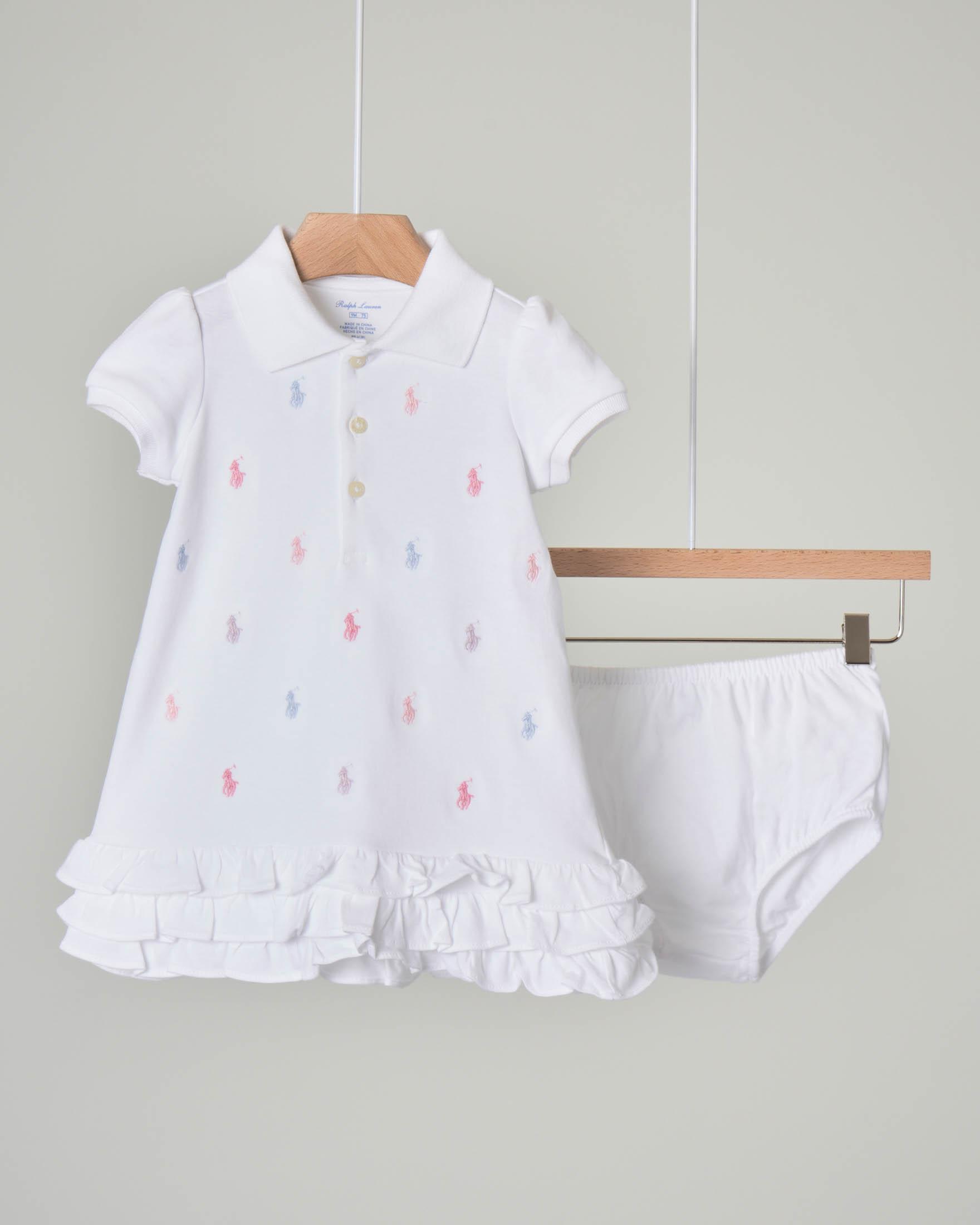 Abito bianco in jersey con rouches e logo pony ricamato all over