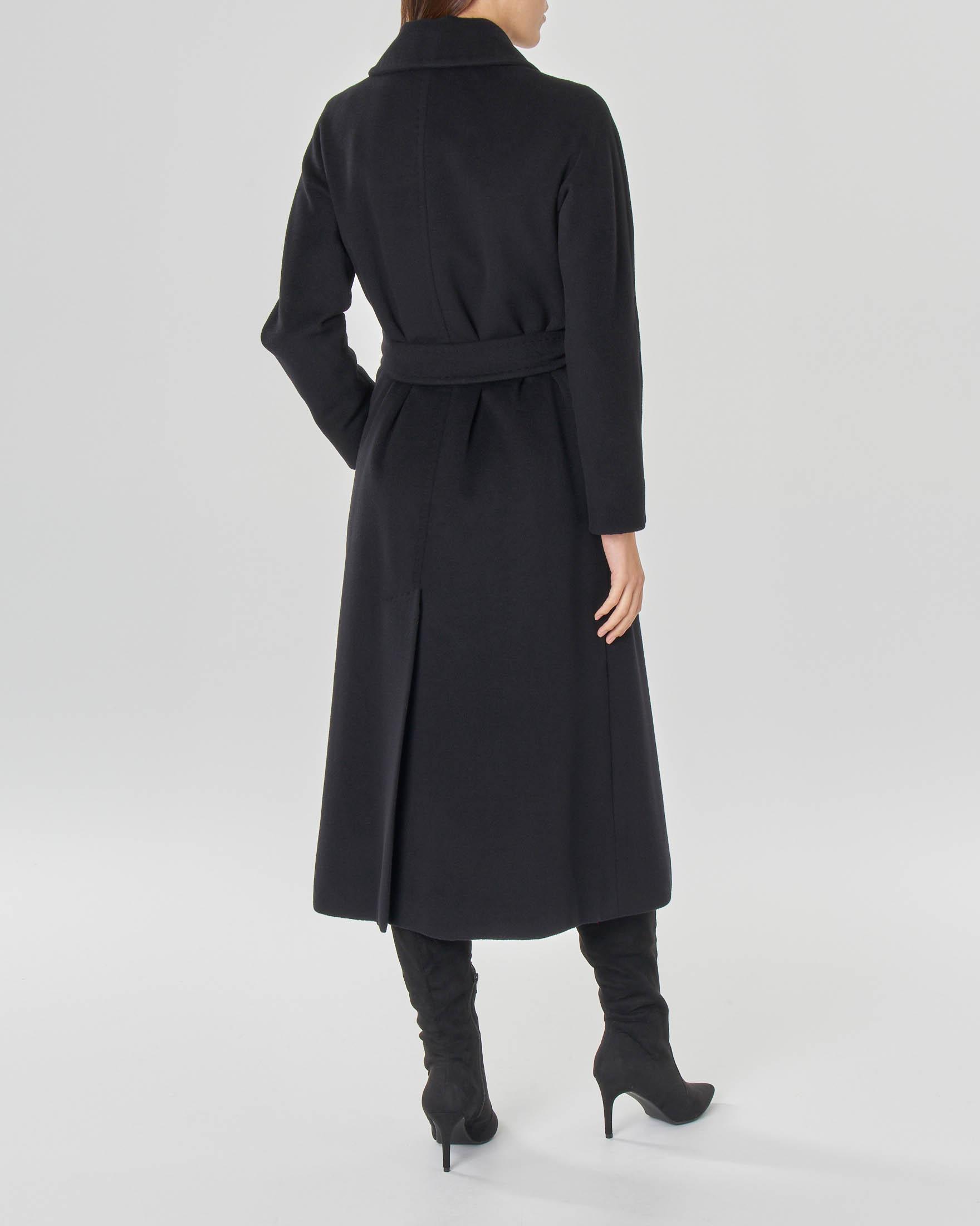 Cappotto lungo nero in pura lana vergine con cintura in vita