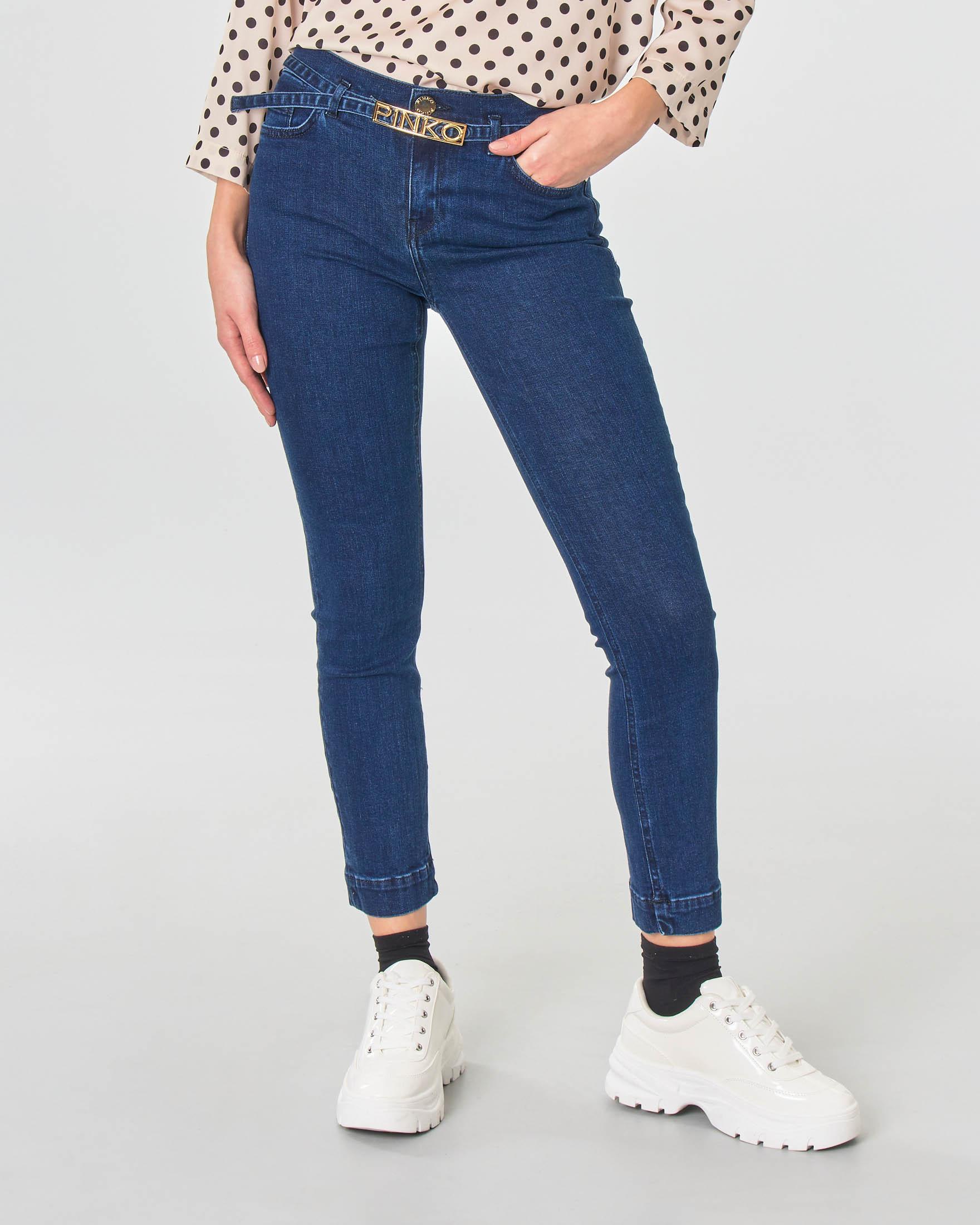 Jeans alla caviglia skinny in cotone stretch color blu con cintura in