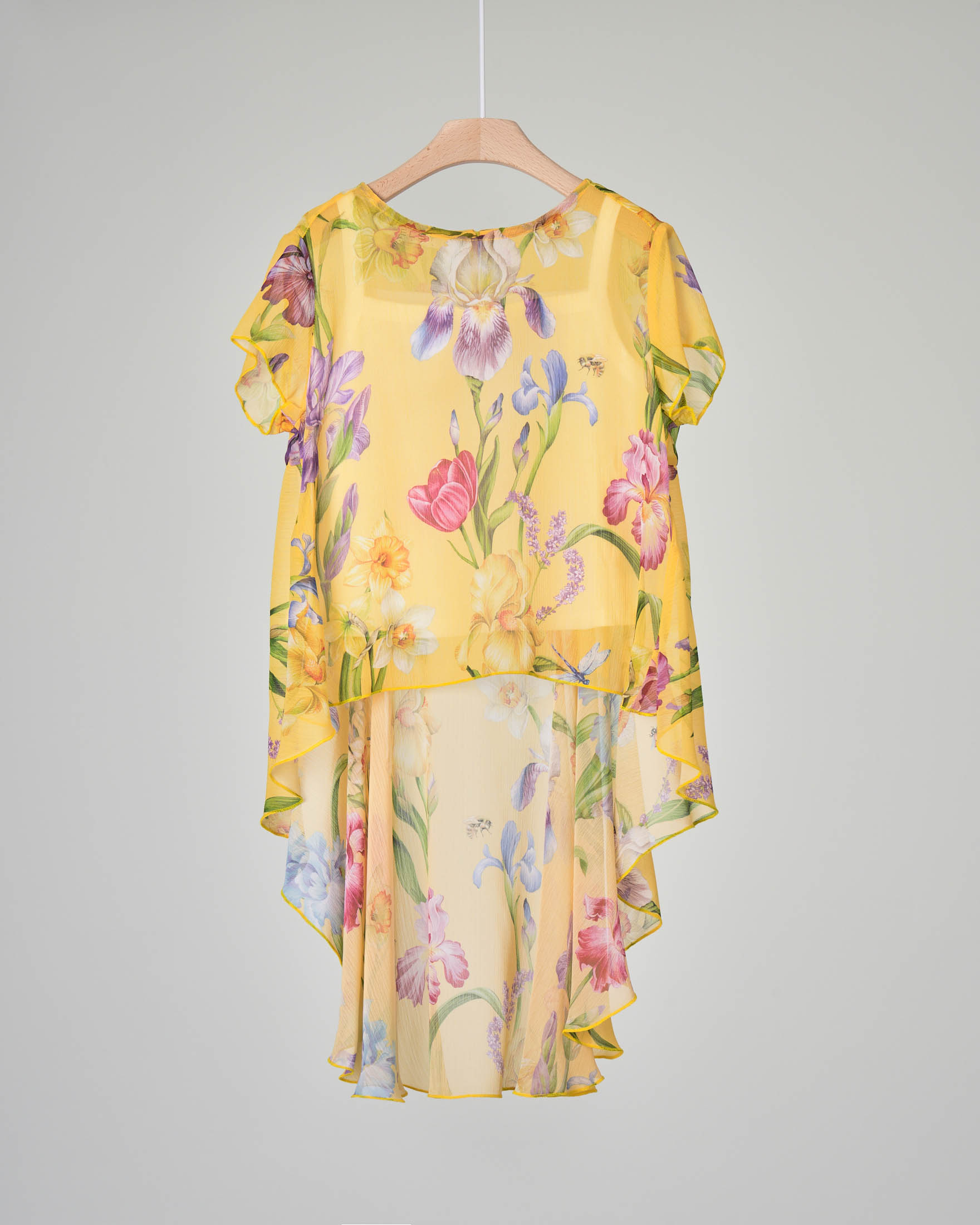 Camicia gialla asimmetrica in crêpe di cotone con stampa floreale 40-44