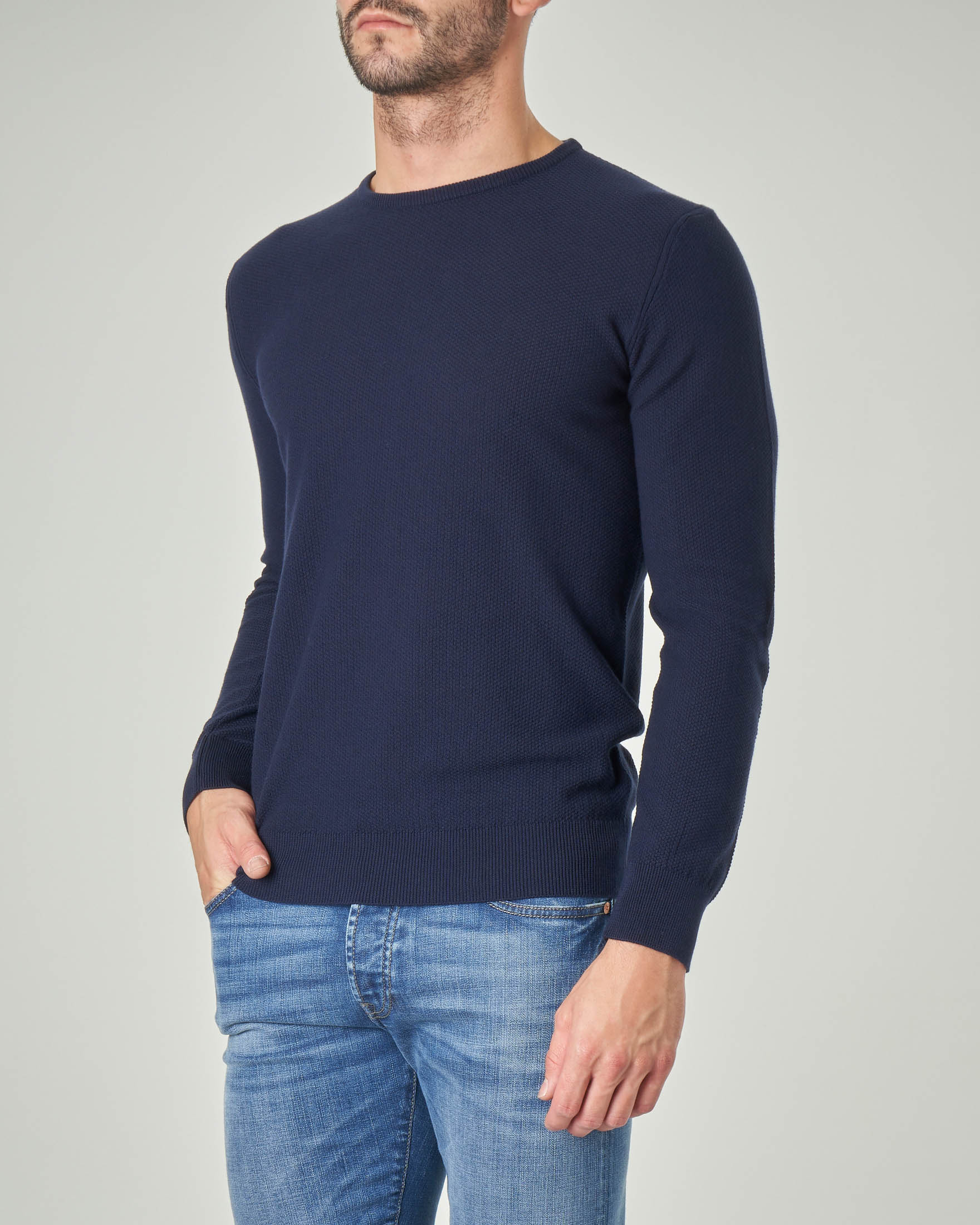 Maglia blu girocollo in cotone a nido d'ape