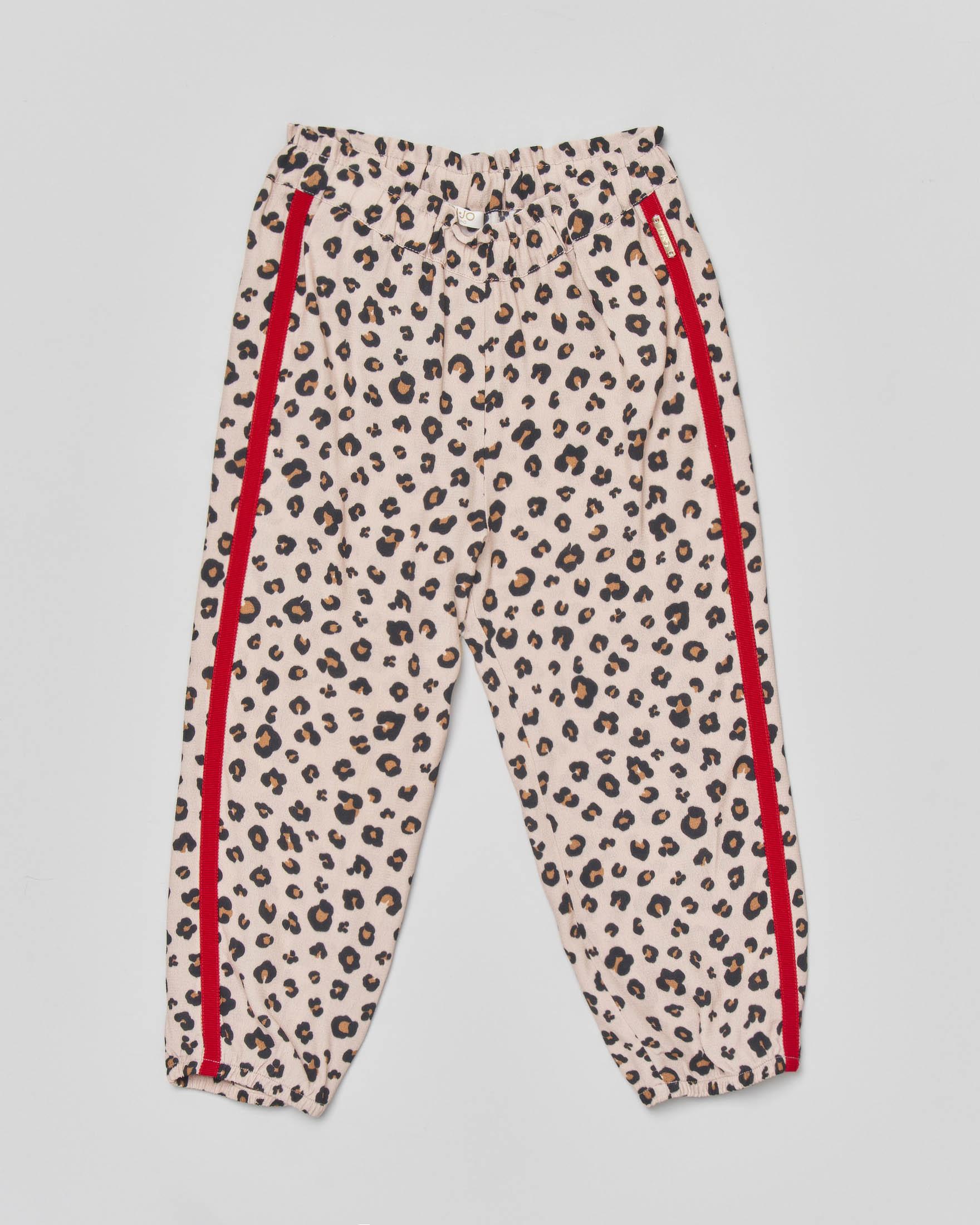 Pantalone animalier in viscosa con elastico in vita e bande rosse 3-7 anni