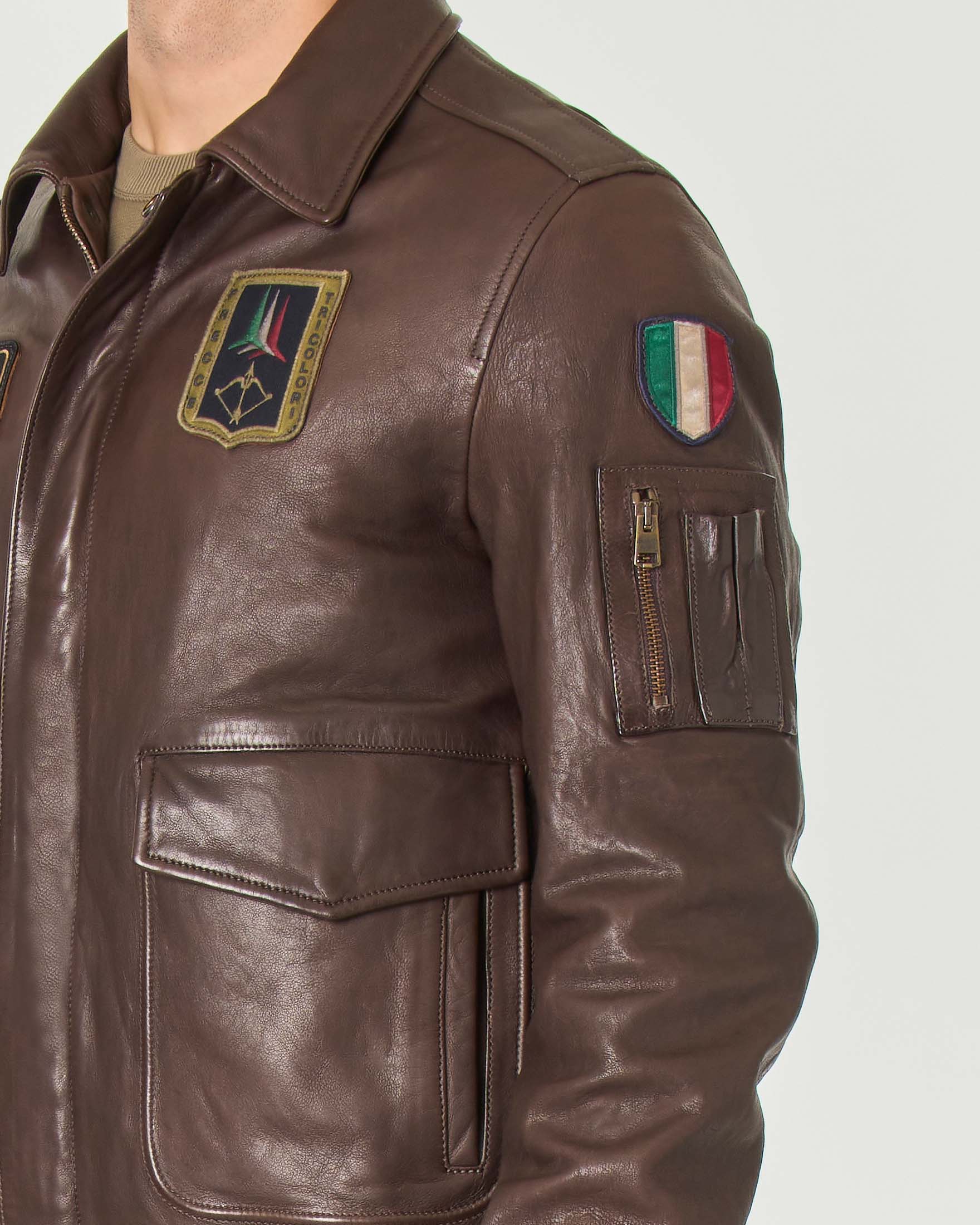 Giacca in pelle testa di moro con patch Frecce Tricolori e scudetto