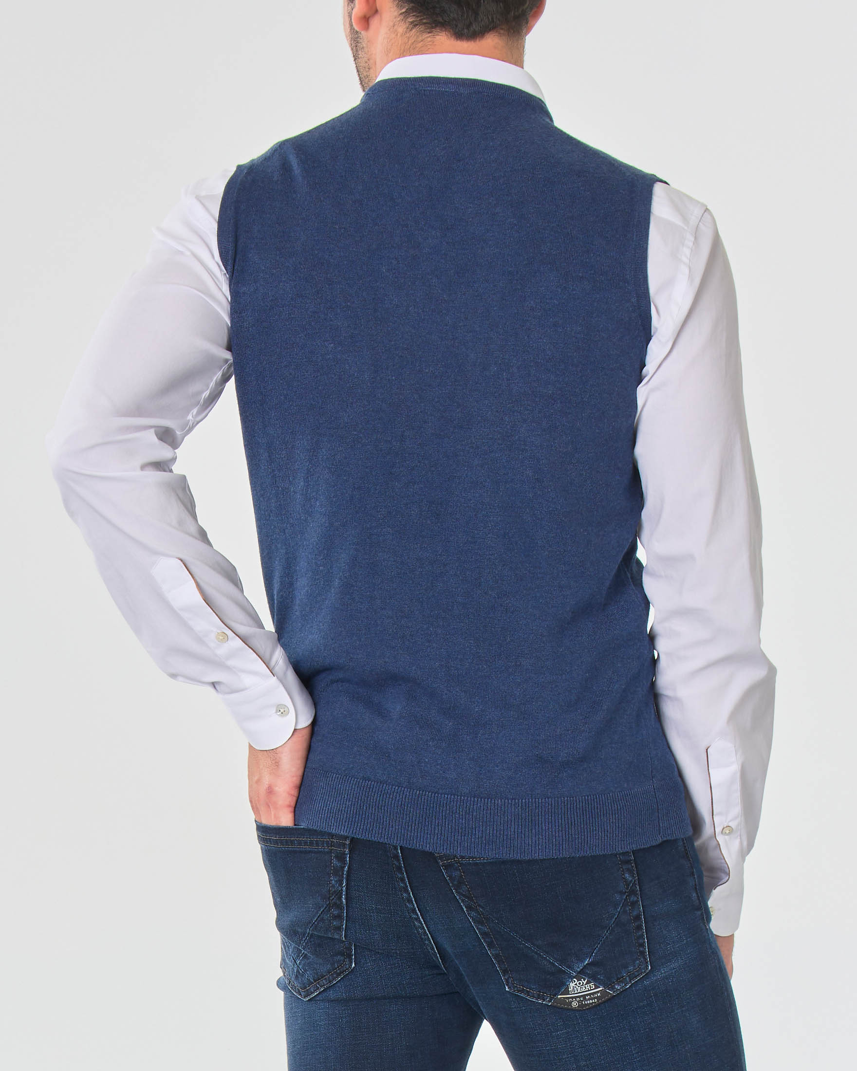 Gilet blu avio tinta unita con scollo a V