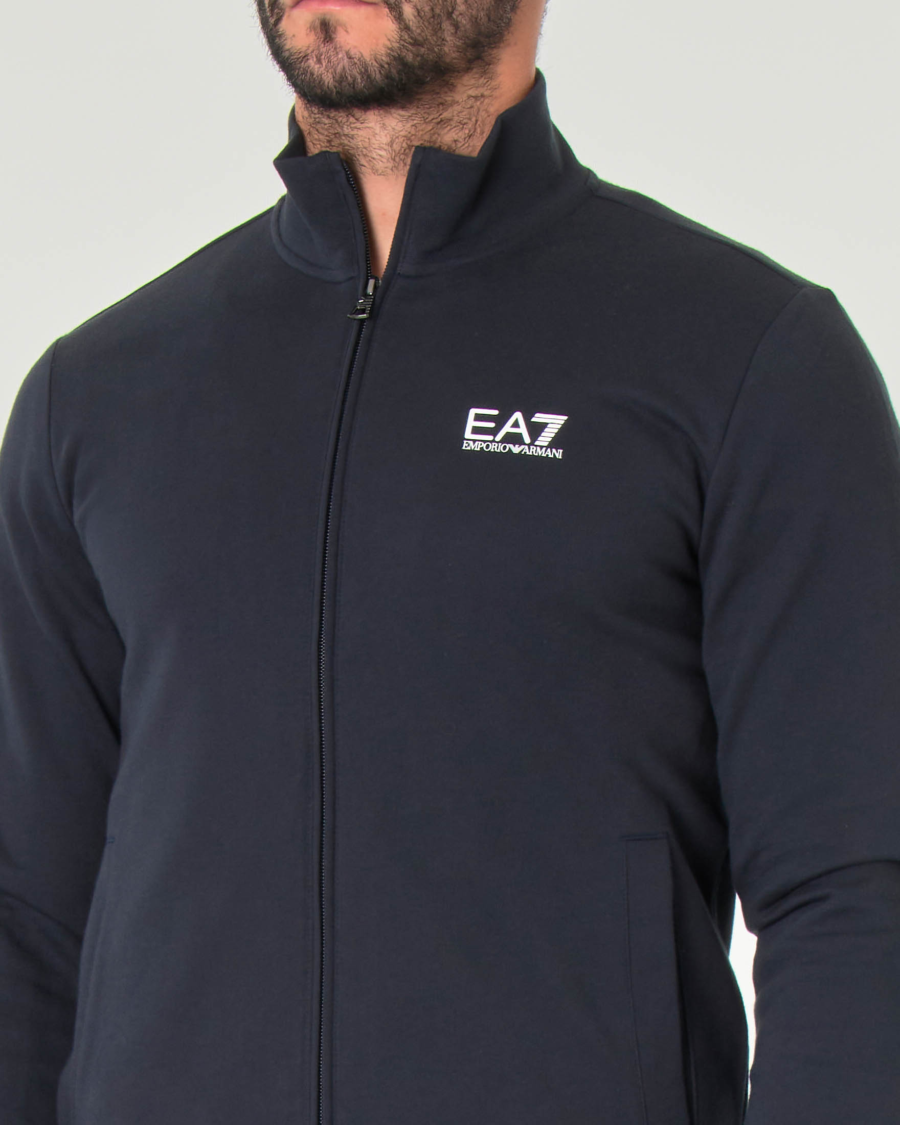 Felpa EA7 blu con chiusura zip e logo piccolo stampato