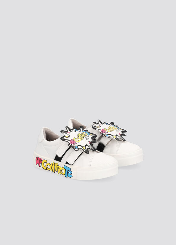 Sneakers bianche in ecopelle con maxi patch fumetto porta logo removibile 32-34 image