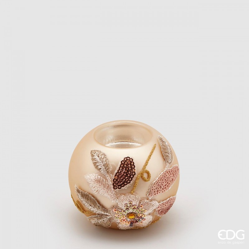 Porta Candela Tea Light Vetro Liscio Ricamo Floreale d.8 Edg