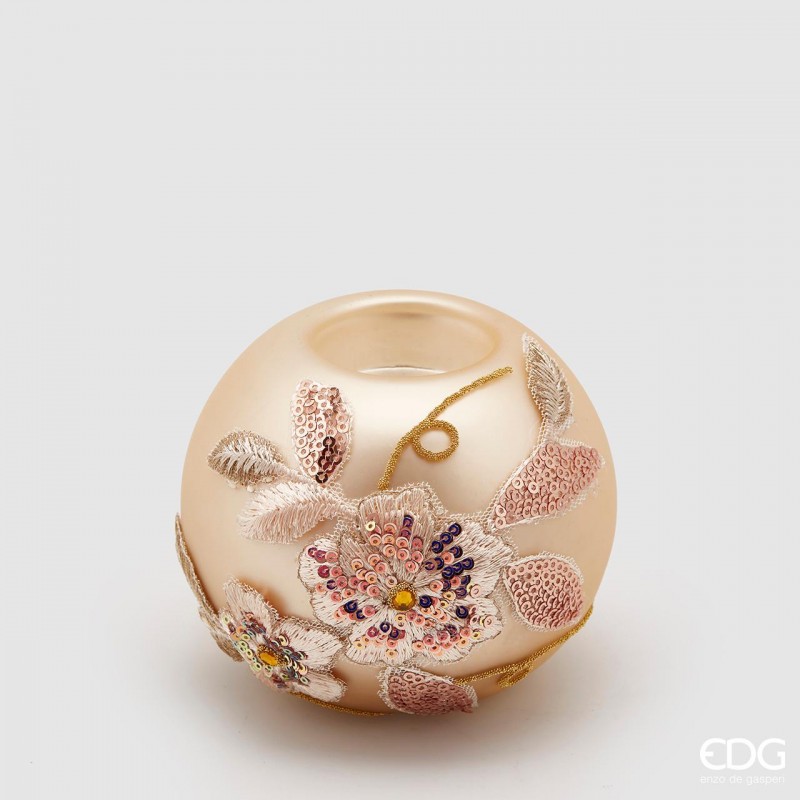 Porta Candela Tea Light Vetro Liscio Ricamo Floreale d.10 Edg