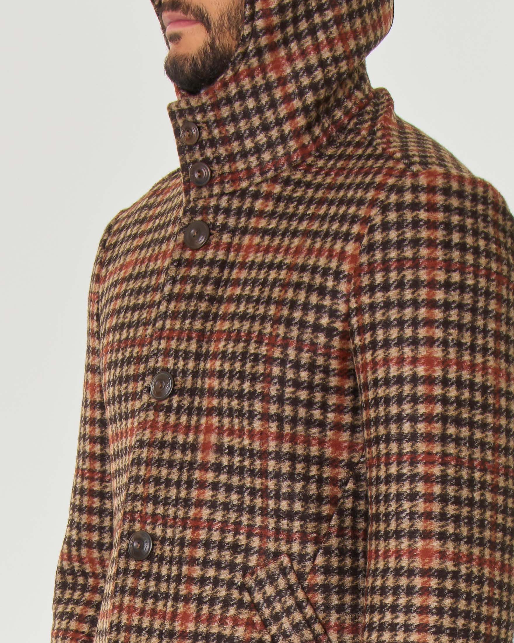 Giubbino beige nero e arancio in fantasia check pied de coque in panno di lana cotta con cappuccio