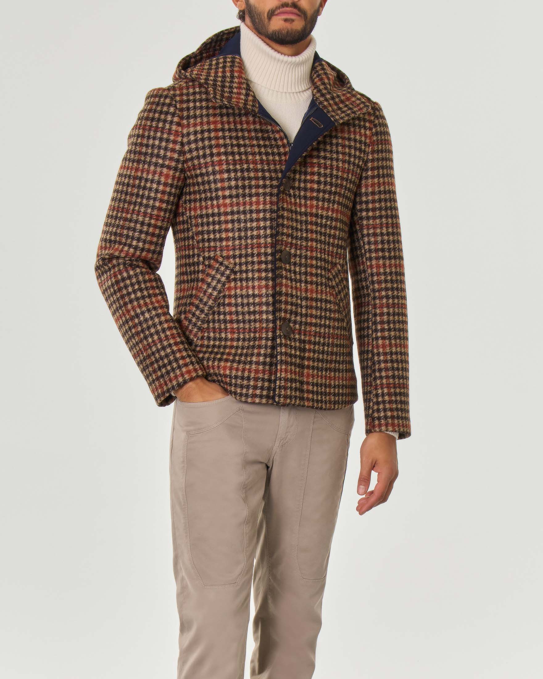 Giubbino beige nero e arancio in fantasia check pied de coque in panno di lana cotta con cappuccio