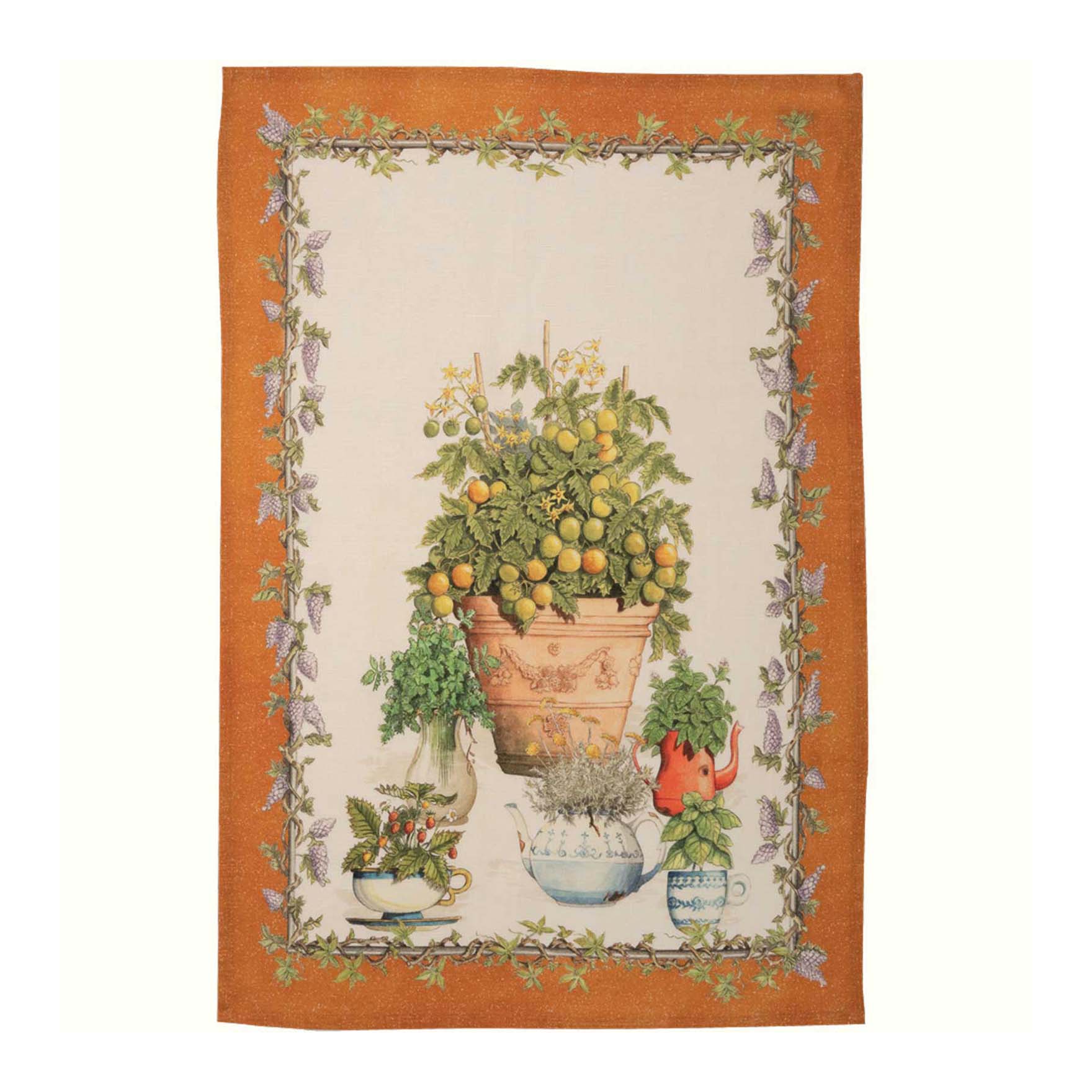 Canovaccio in lino arancione con riquadro avorio e stampa vaso piante aromatiche
