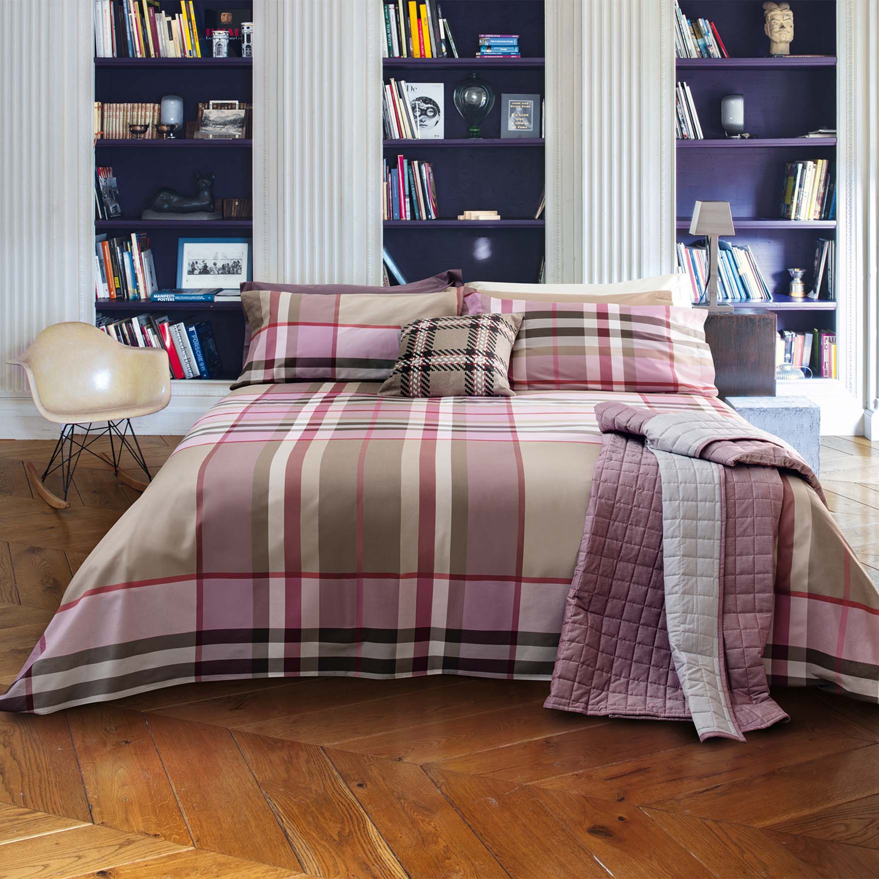 Parure lenzuola una piazza in cotone tinto filo a fantasia tartan beige e rosa 160x290