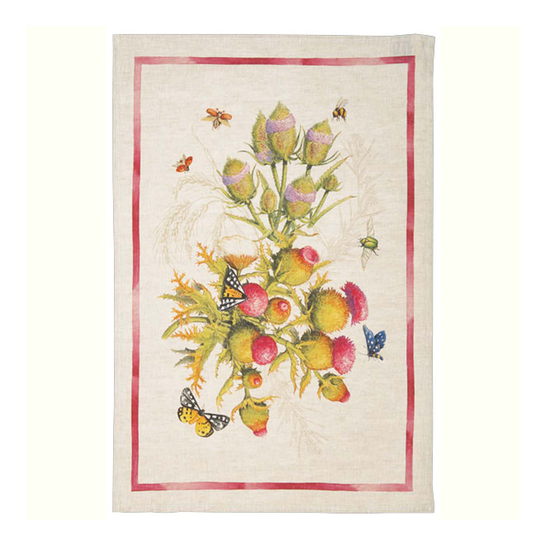 Canovaccio in lino bianco con stampa fiori di carciofo multicolore con riquardo fucsia