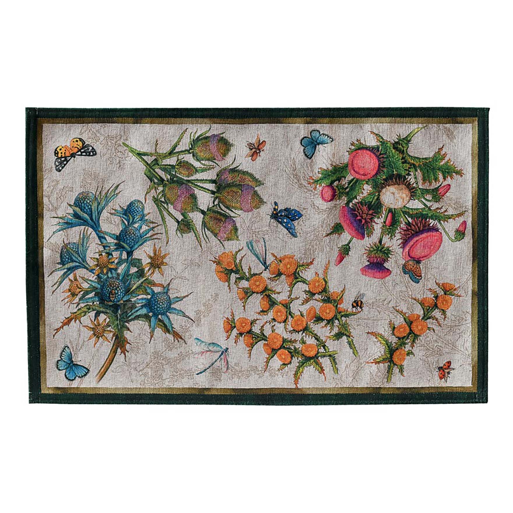 Tappeto avorio 52x180cm in materiale riciclato a stampa fiori di carciofo bluette arnacioni e fucsia