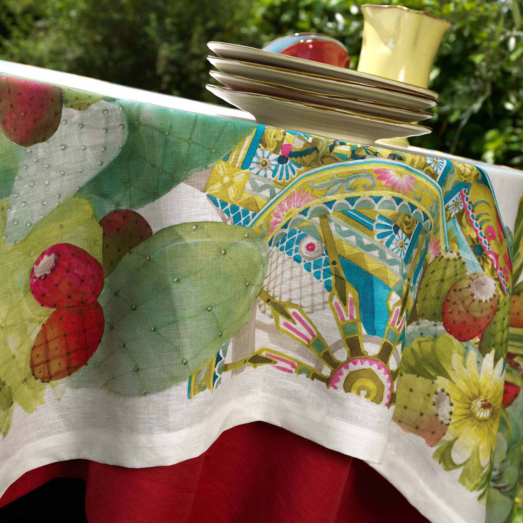 Tovaglia quadrata 170x170cm in lino avorio a stampa fichi d'India multicolore image