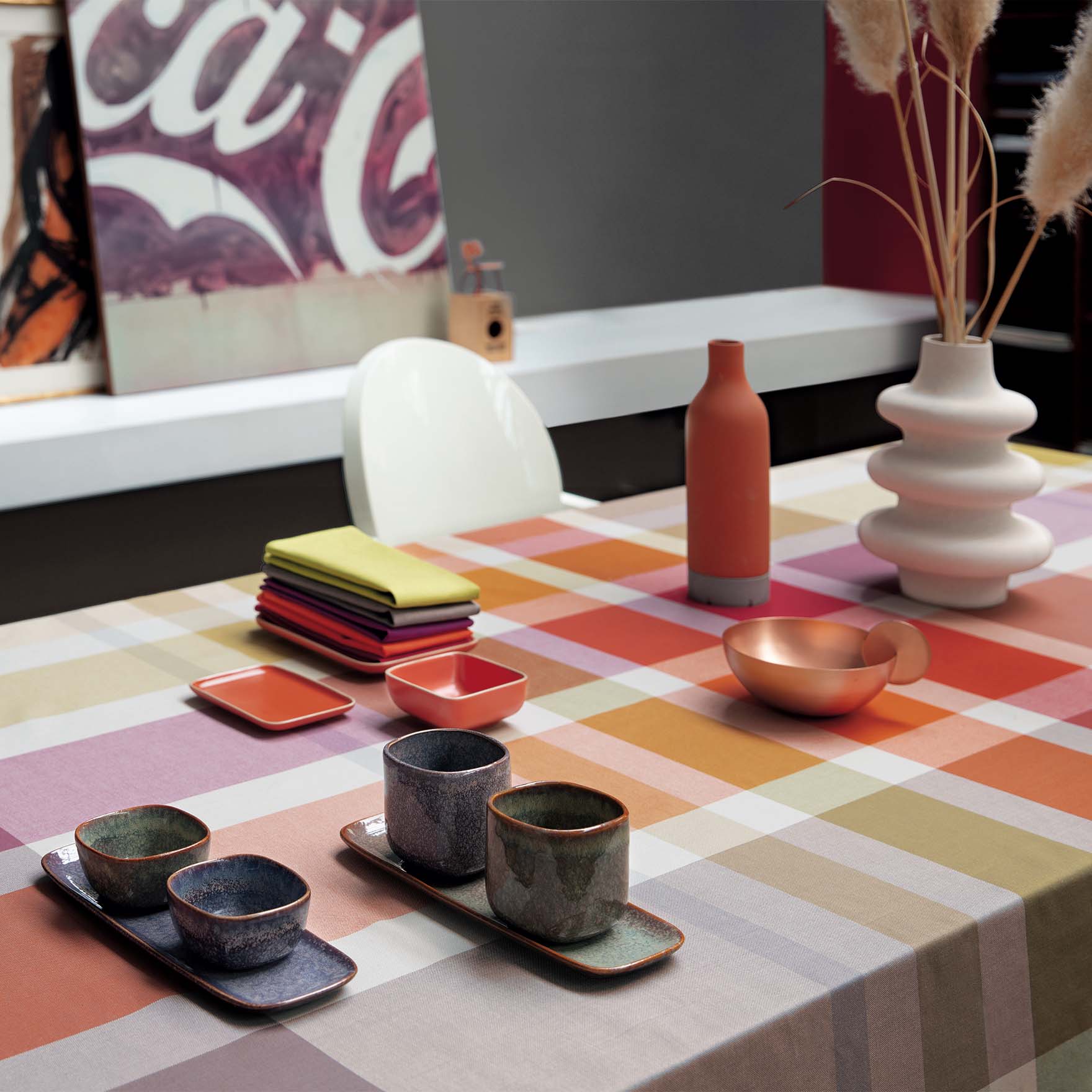 Tovaglia rettangolare per 6 persone a fantasia tartan arancione e verde