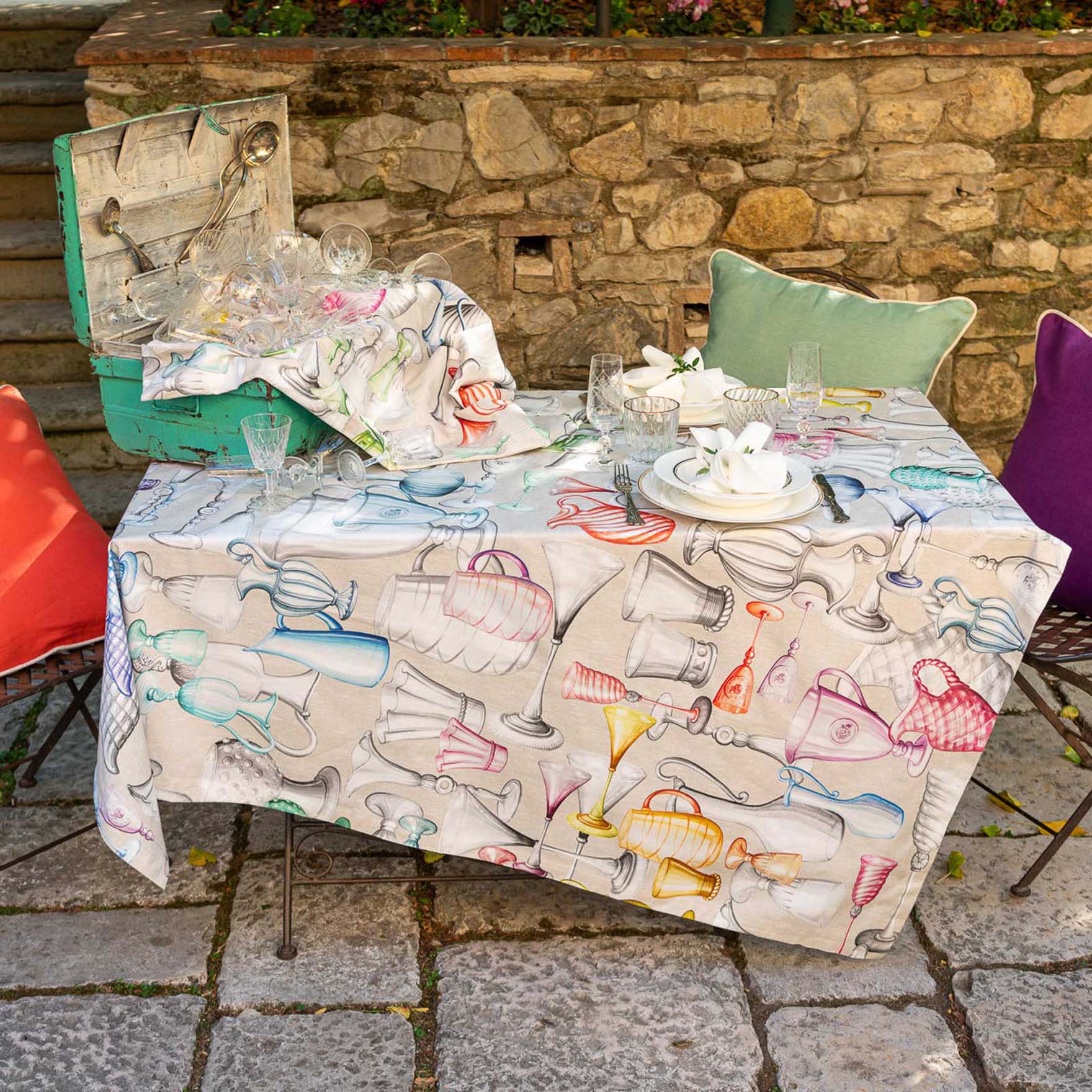 Tovaglia rettangolare in cotone color ecrù 170x310cm a stampa bicchieri  multicolore