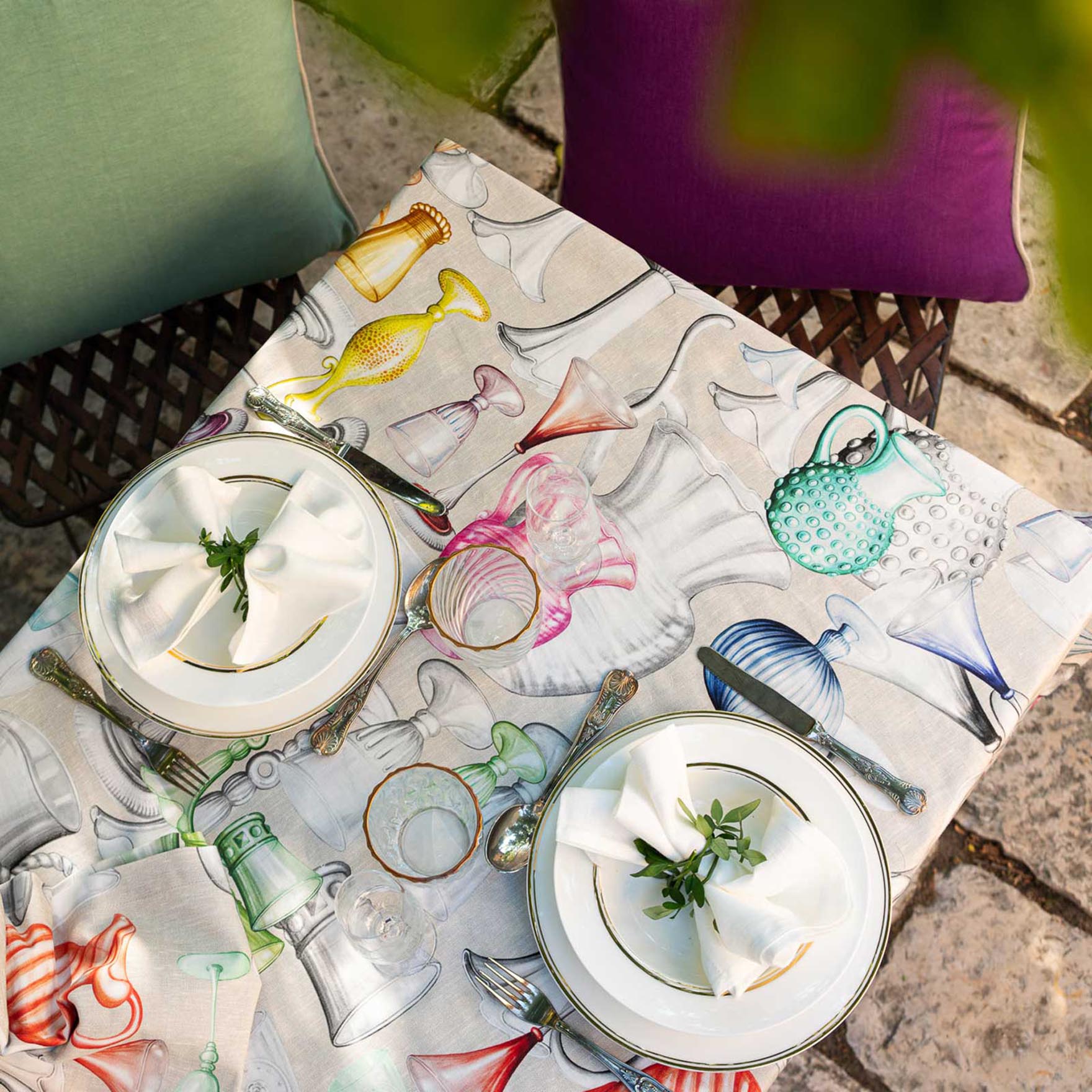 Tovaglia rettangolare in cotone color ecrù 170x310cm a stampa bicchieri multicolore image