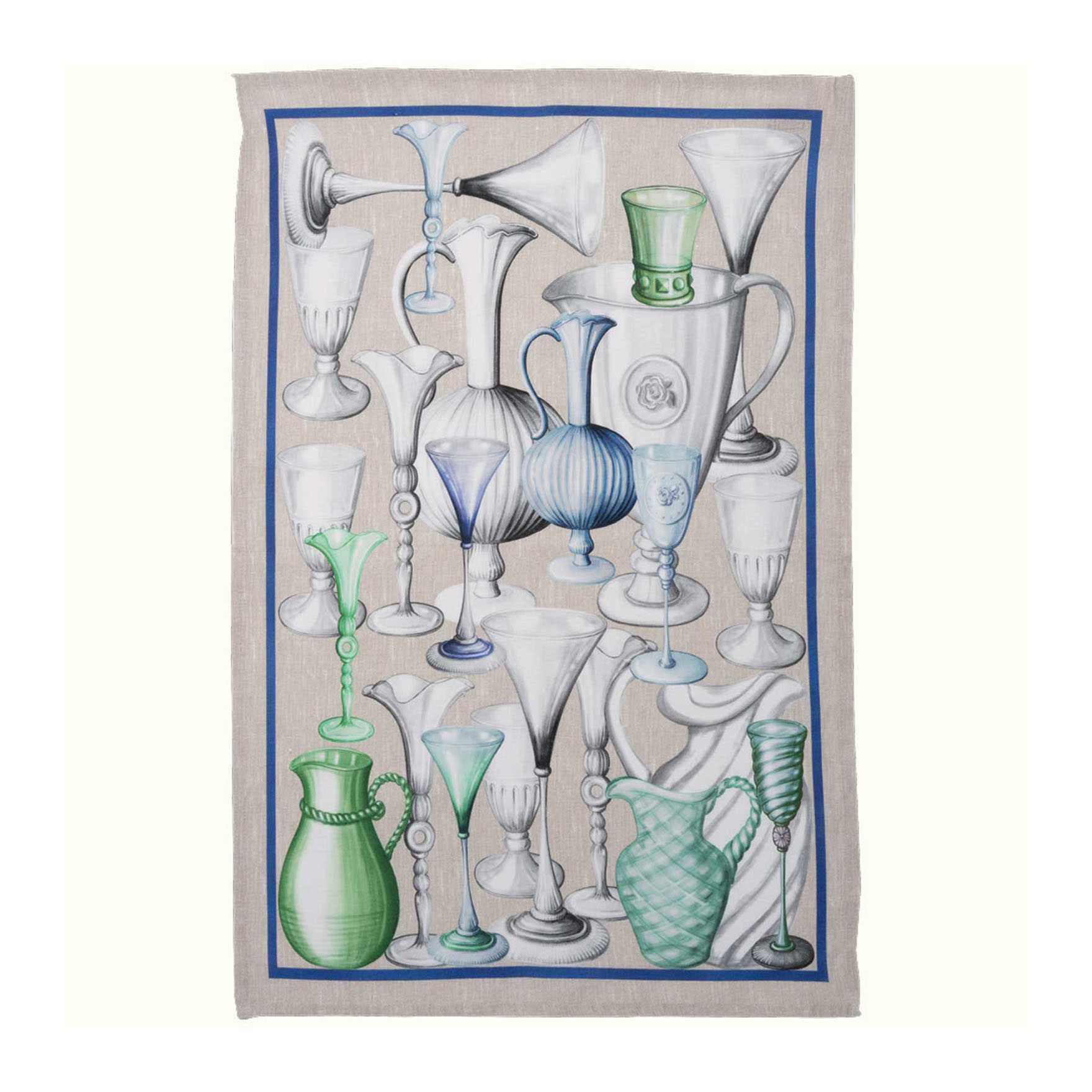 Canovaccio in lino beige a stampa bicchieri Cheers con riquadro blu