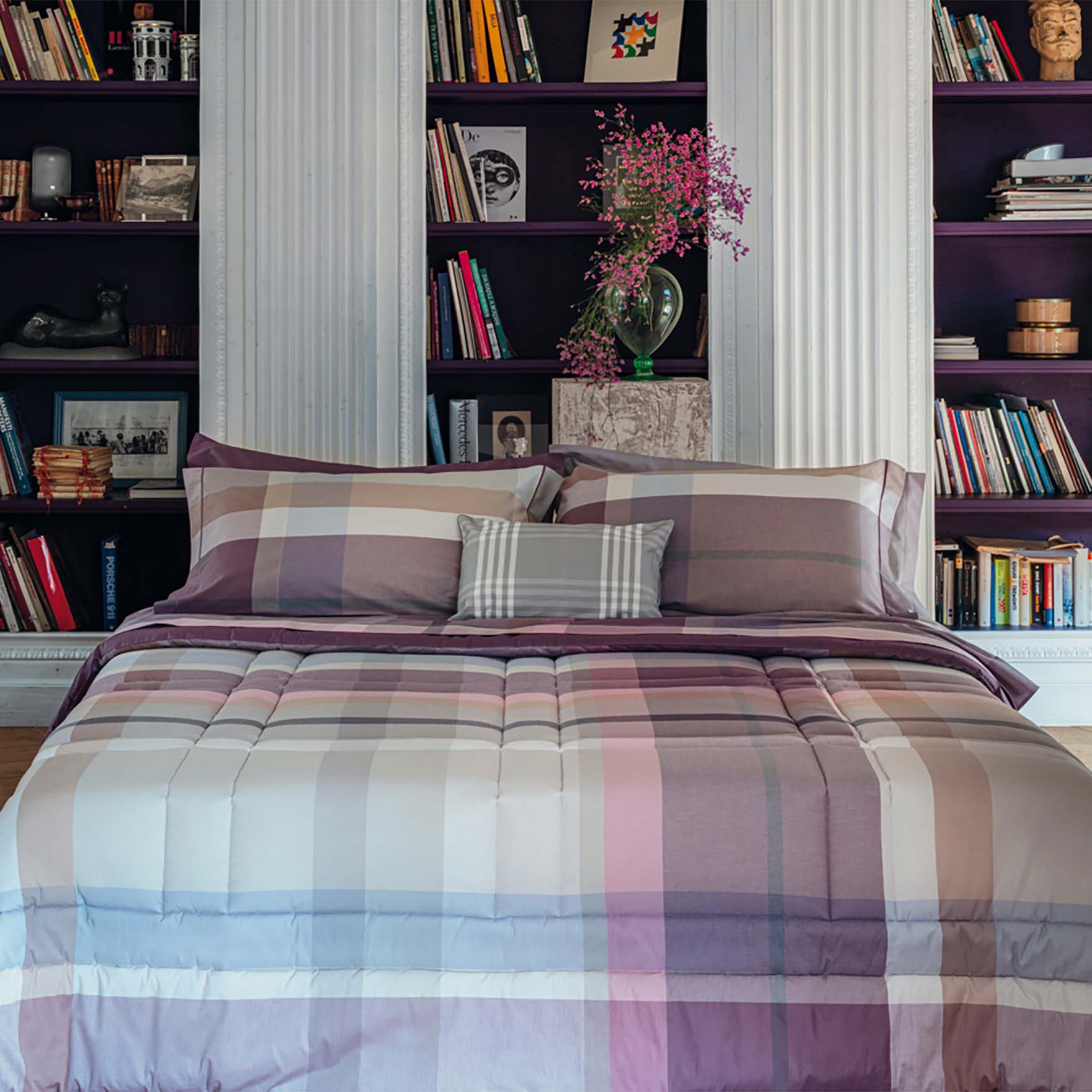 Parure lenzuola una piazza in cotone tinto filo a fantasia tartan color malva 160x290