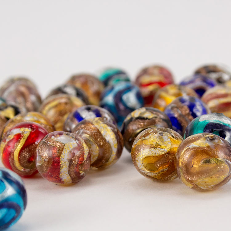 Perlina In Vetro Di Murano Con Manicotto Argento 925 Per Bracciale | Materia 1008 Motivo Sabbia Giallo/Marrone