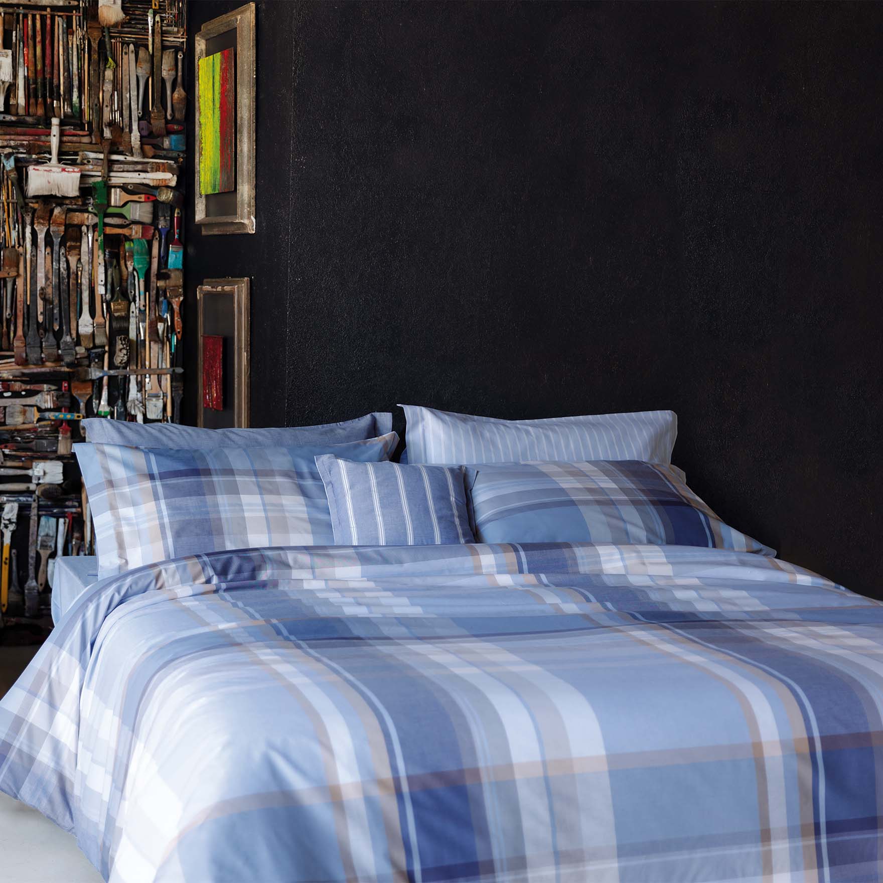 Copripiumino Cairoli a due piazze in cotone a fantasia tartan azzurra e beige 255x200