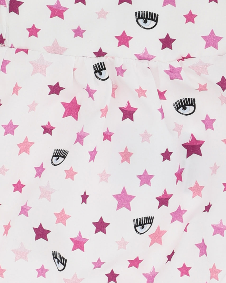 Pagliaccetto bianco con bretelle in fantasia eyelike e stelle multicolor 3-9 mesi