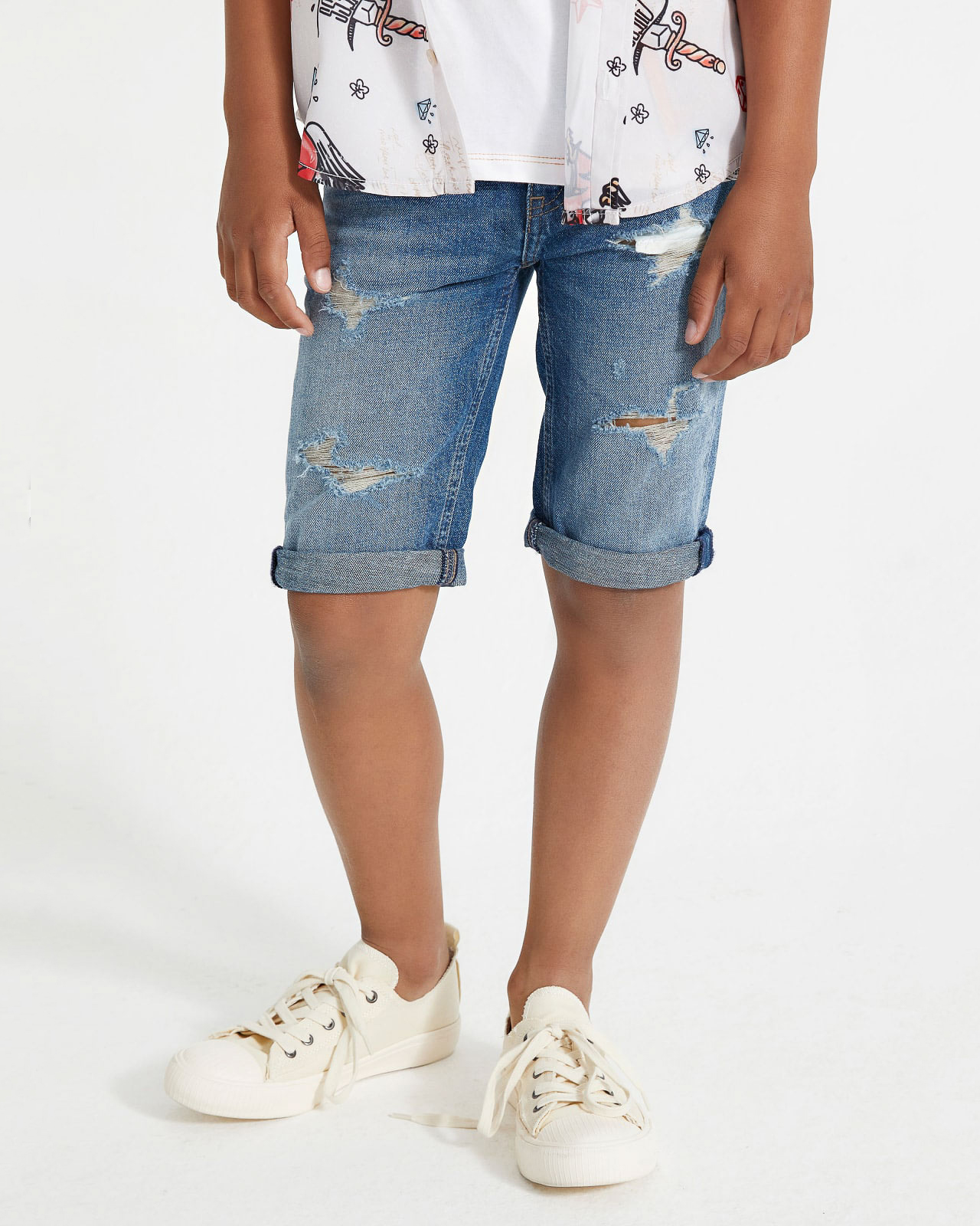 Bermuda jeans blu in misto cotone e lino stone washed con strappi 10-16 anni
