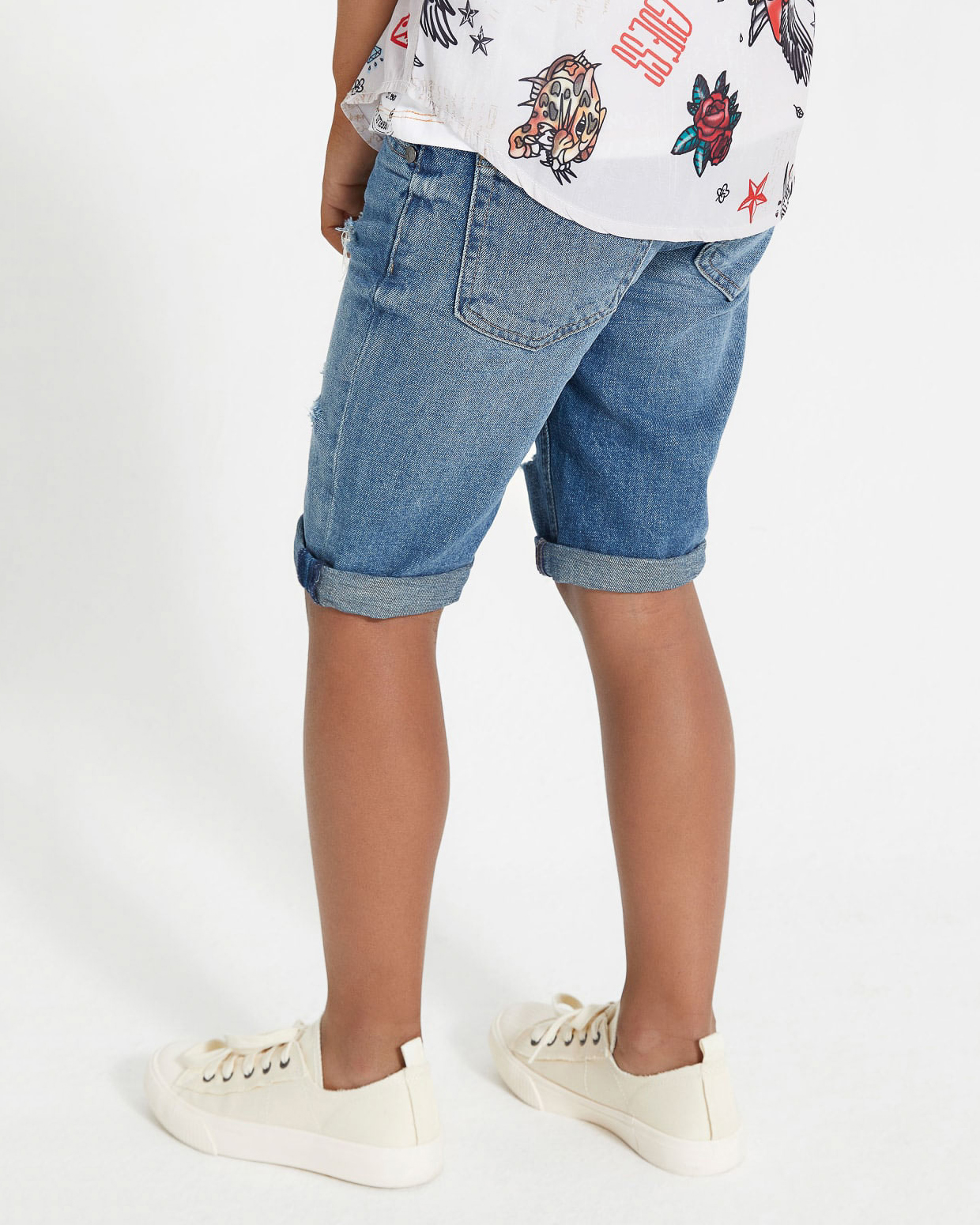 Bermuda jeans blu in misto cotone e lino stone washed con strappi 10-16 anni