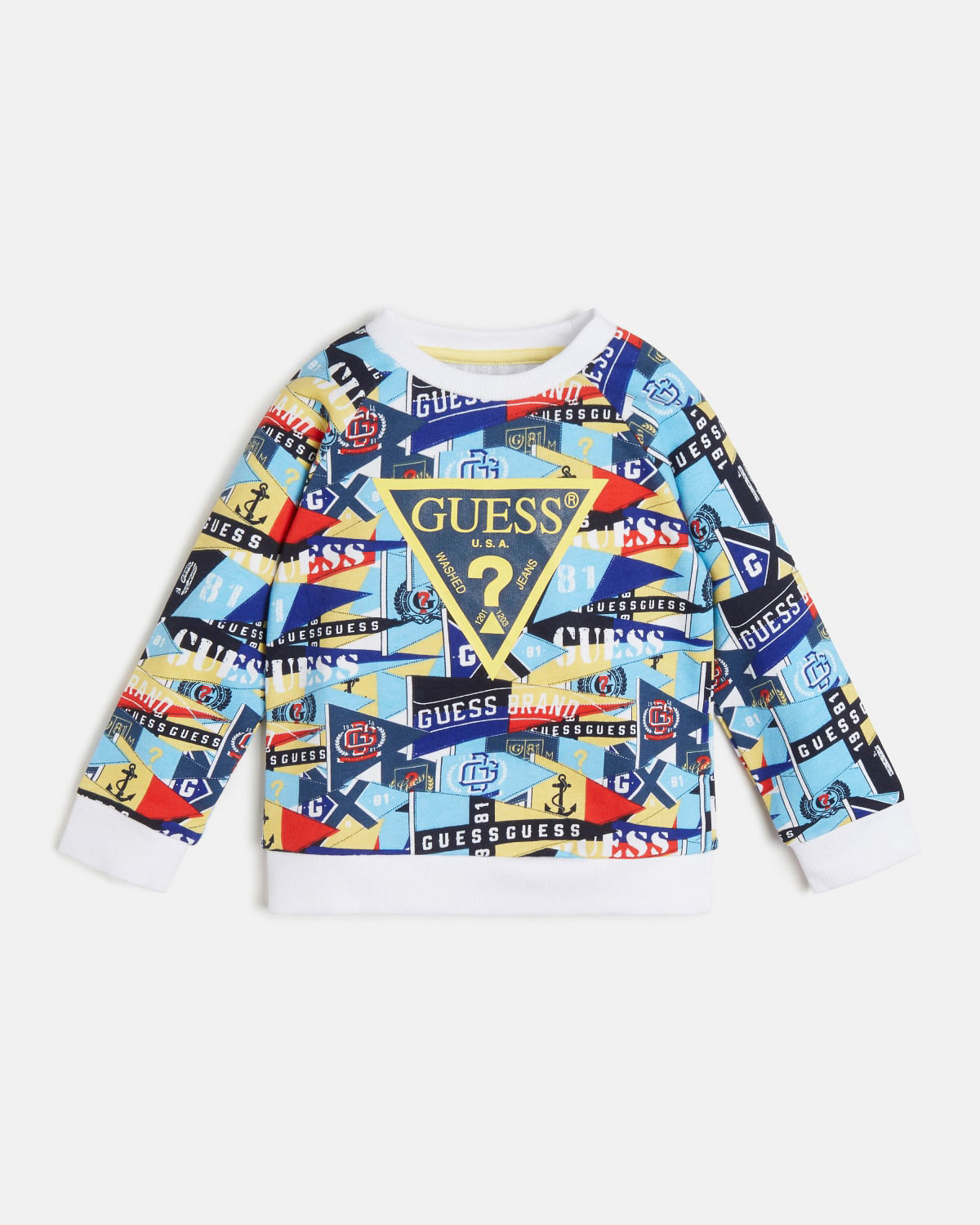 Felpa girocollo multicolore a stampa bandiere con logo Guess frontale 9-24 mesi