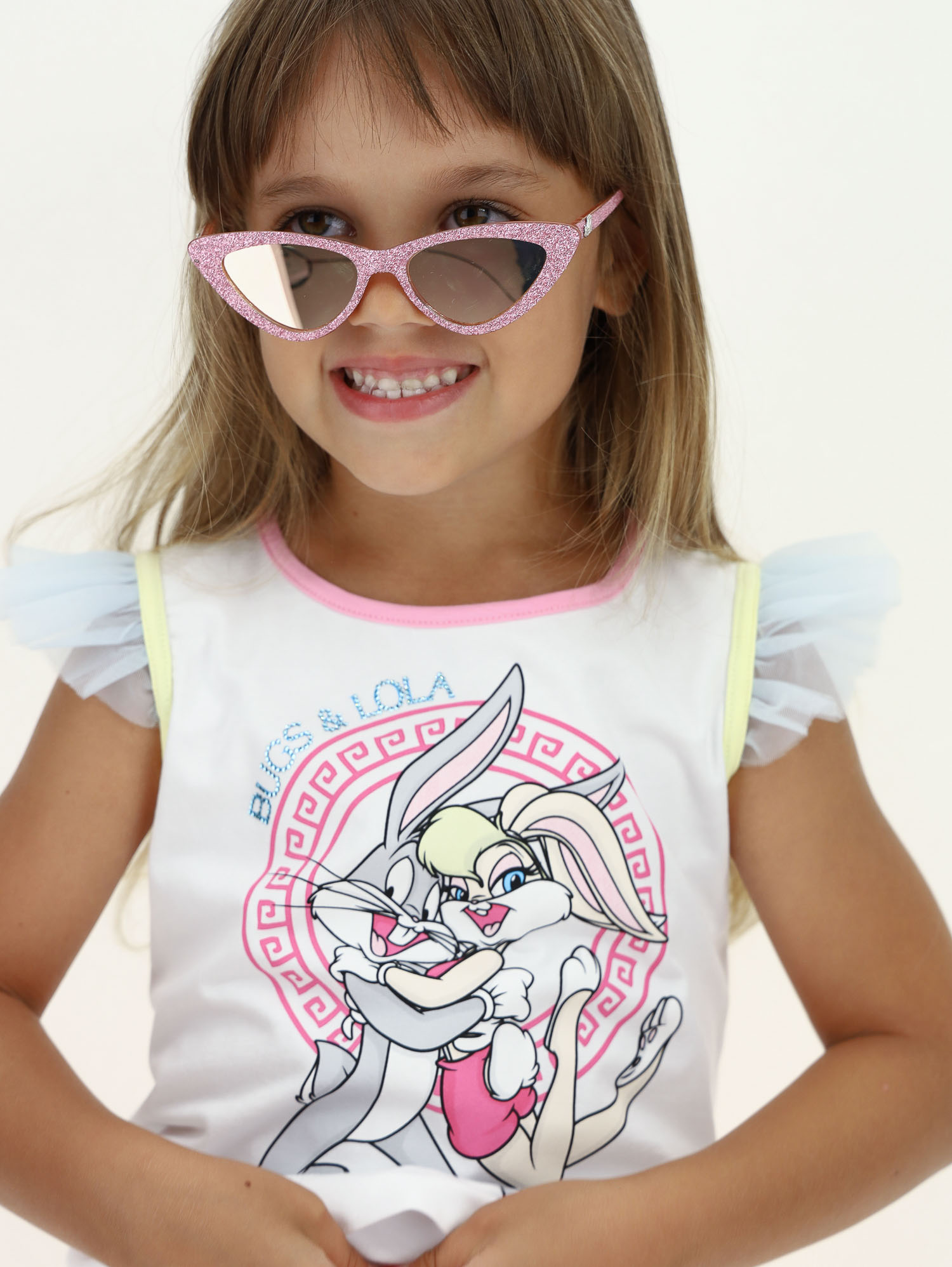 Canotta girocollo bianca in cotone con manica ad aletta in tulle e stampa 'Bugs & Lola' 6-12 anni