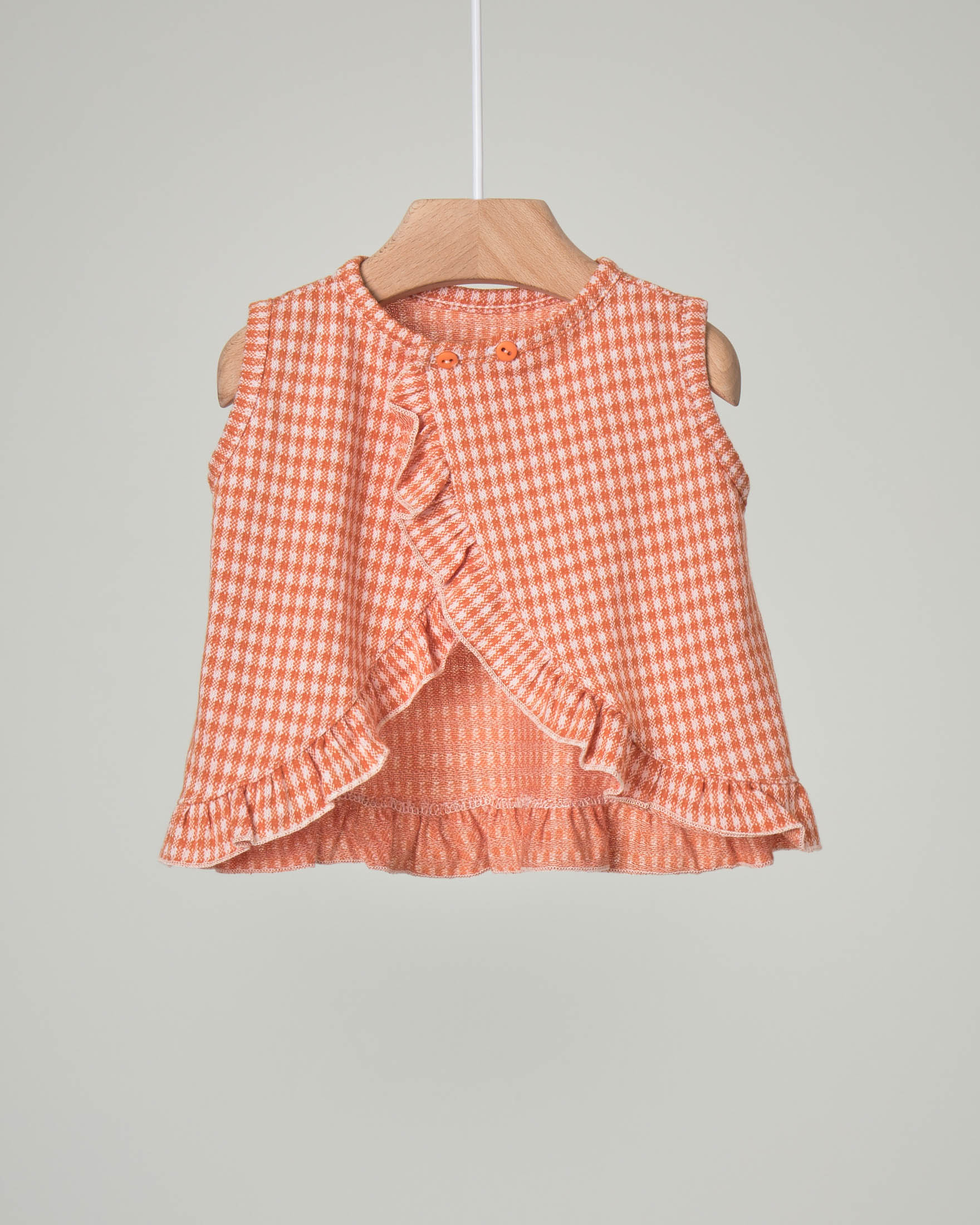 Top in cotone fantasia pied de poule arancione e bianco con volants 3-12 mesi